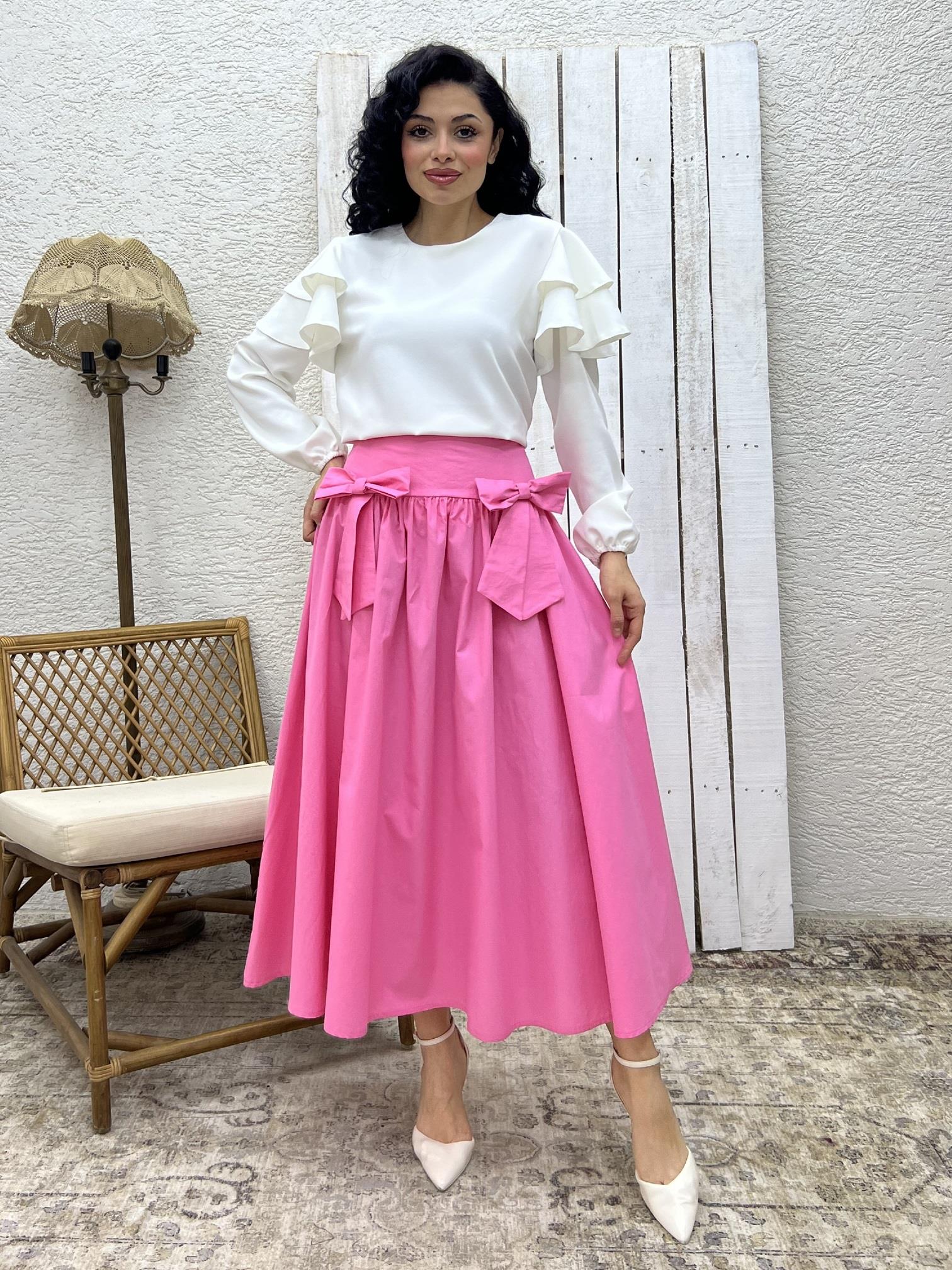 Pembe Fiyonklu Poplin Etek