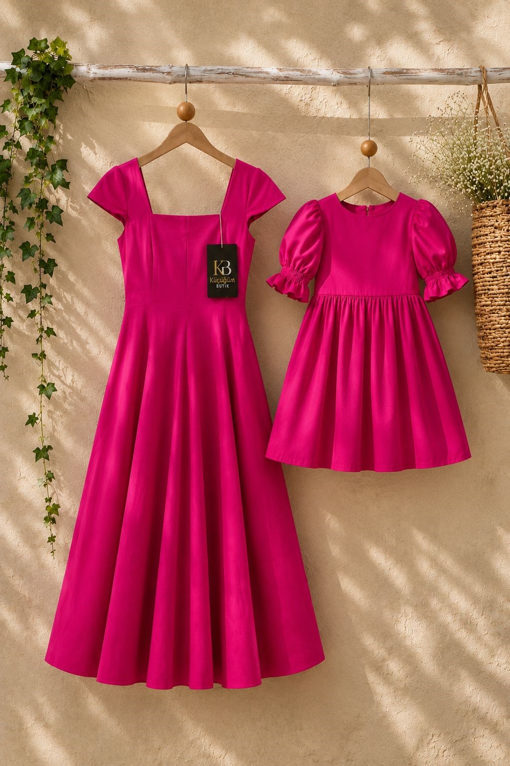 Pembe Kare Yaka Kadın Elbise Ve Kız Çocuk Elbise