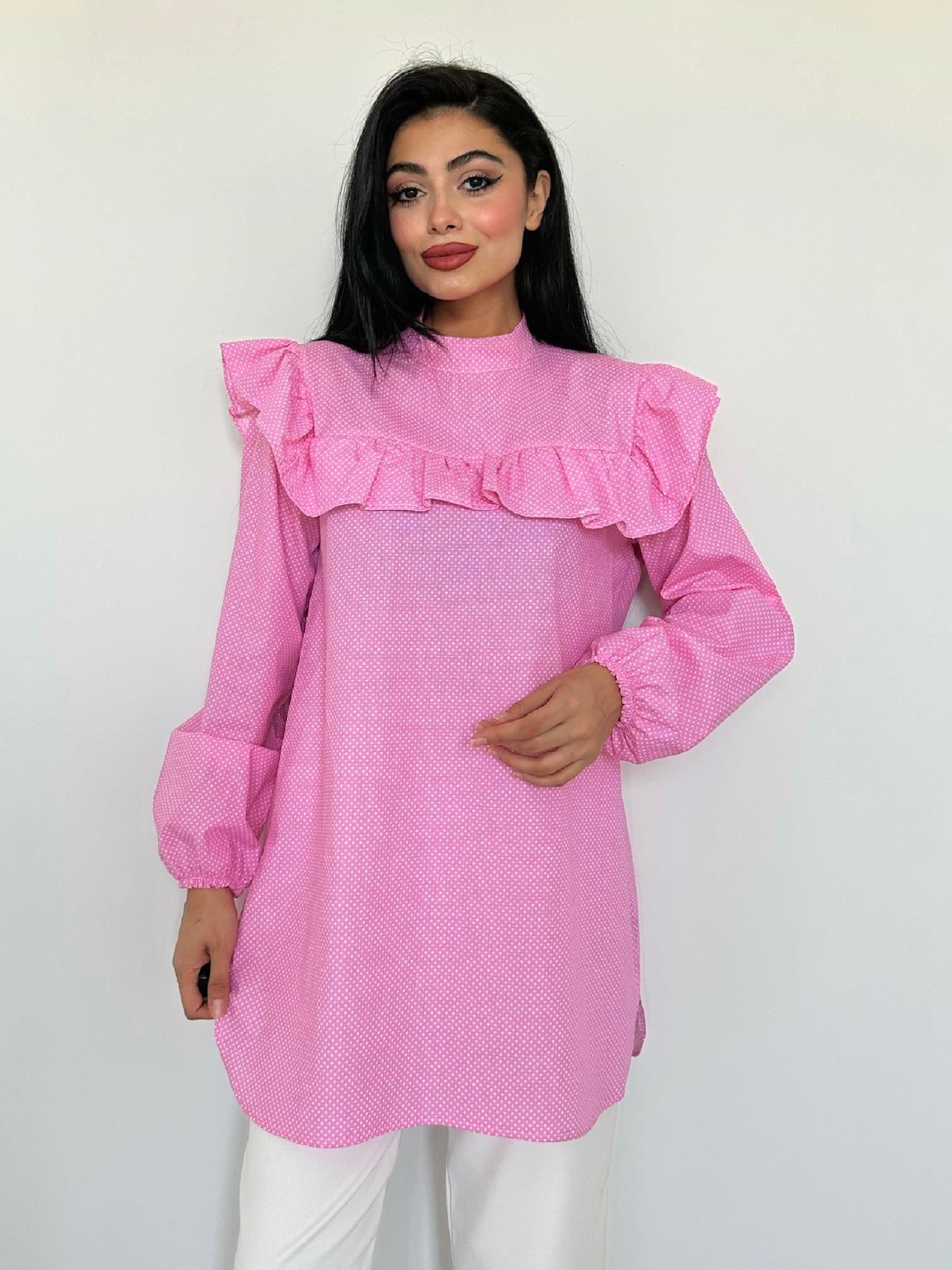 Pembe Puantiyeli Fırfırlı Uzun Poplin Tunik