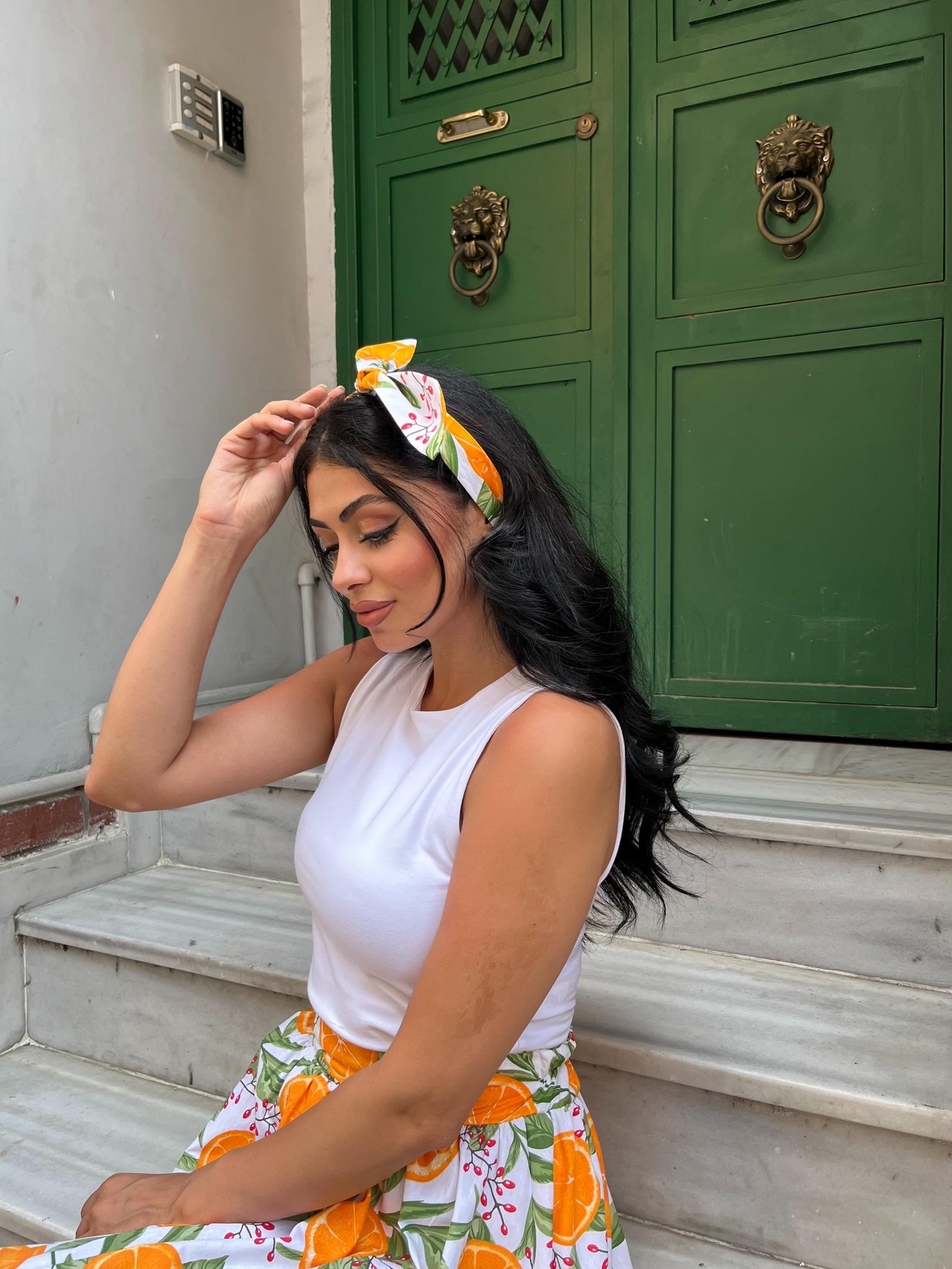 Portakal Desenli Poplin Bandana