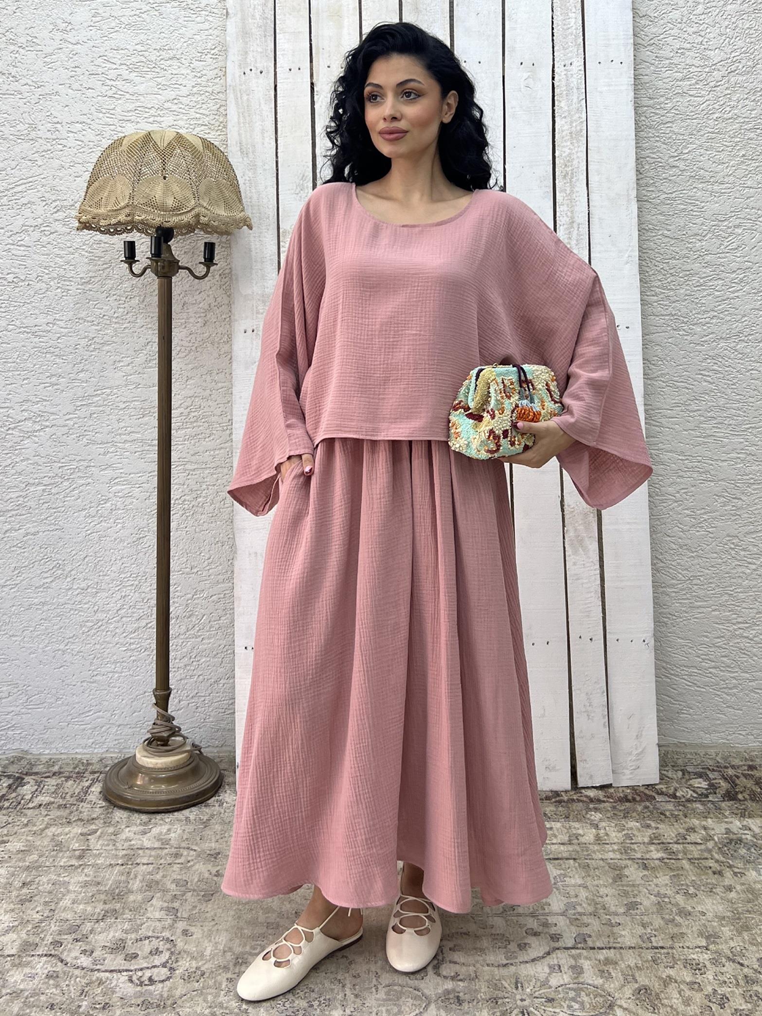 Pudra Müslin Salaş Bluz Ve Kloş Etek Takımı (2'Lİ TAKIM)