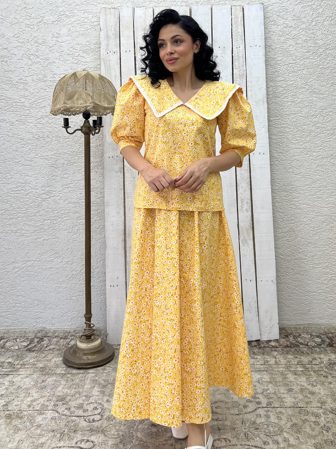 Sarı Papatya Büyük Yakalı Vintage Bluz