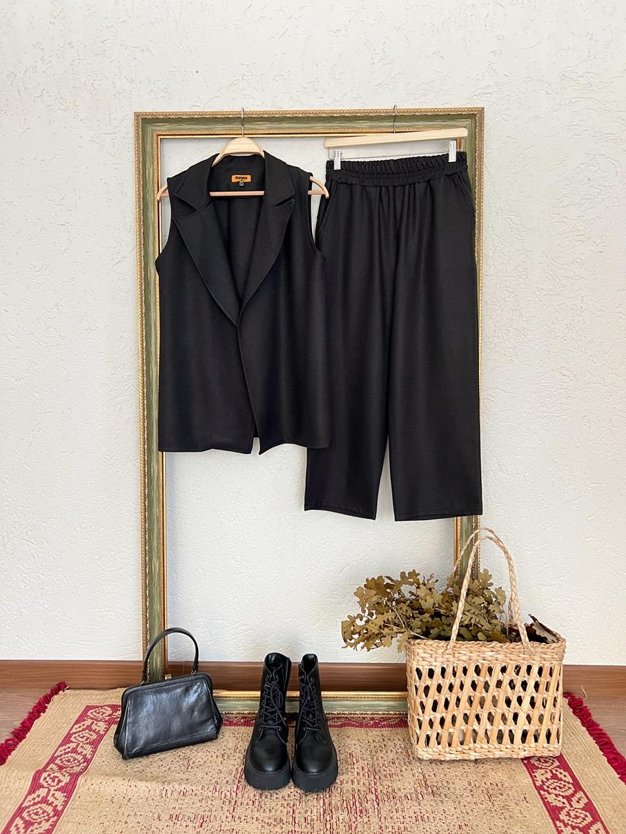 Siyah Renk Yün Efekt Yelek-Pantolon 2 li Takım