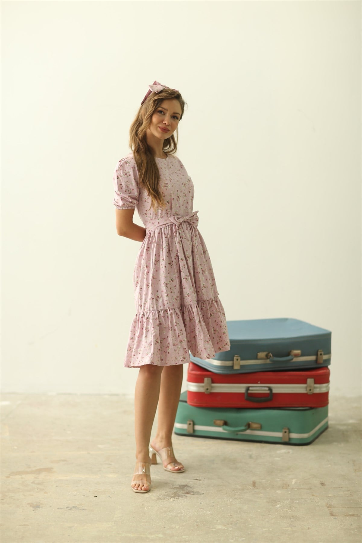SOFT PEMBE ÇİÇEKLİ KADIN ELBİSE