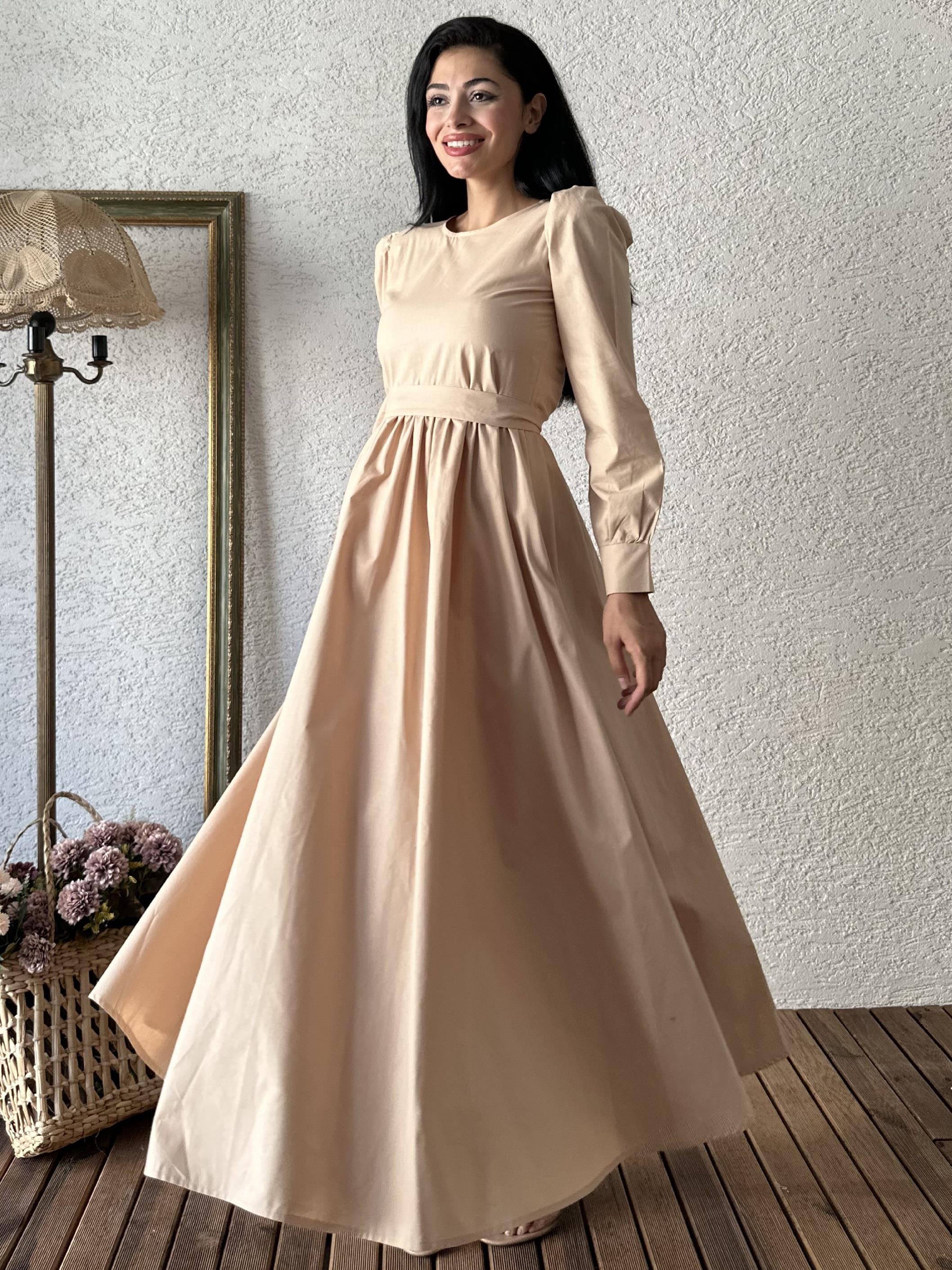 Tesettür Krem Kloş Poplin Elbise
