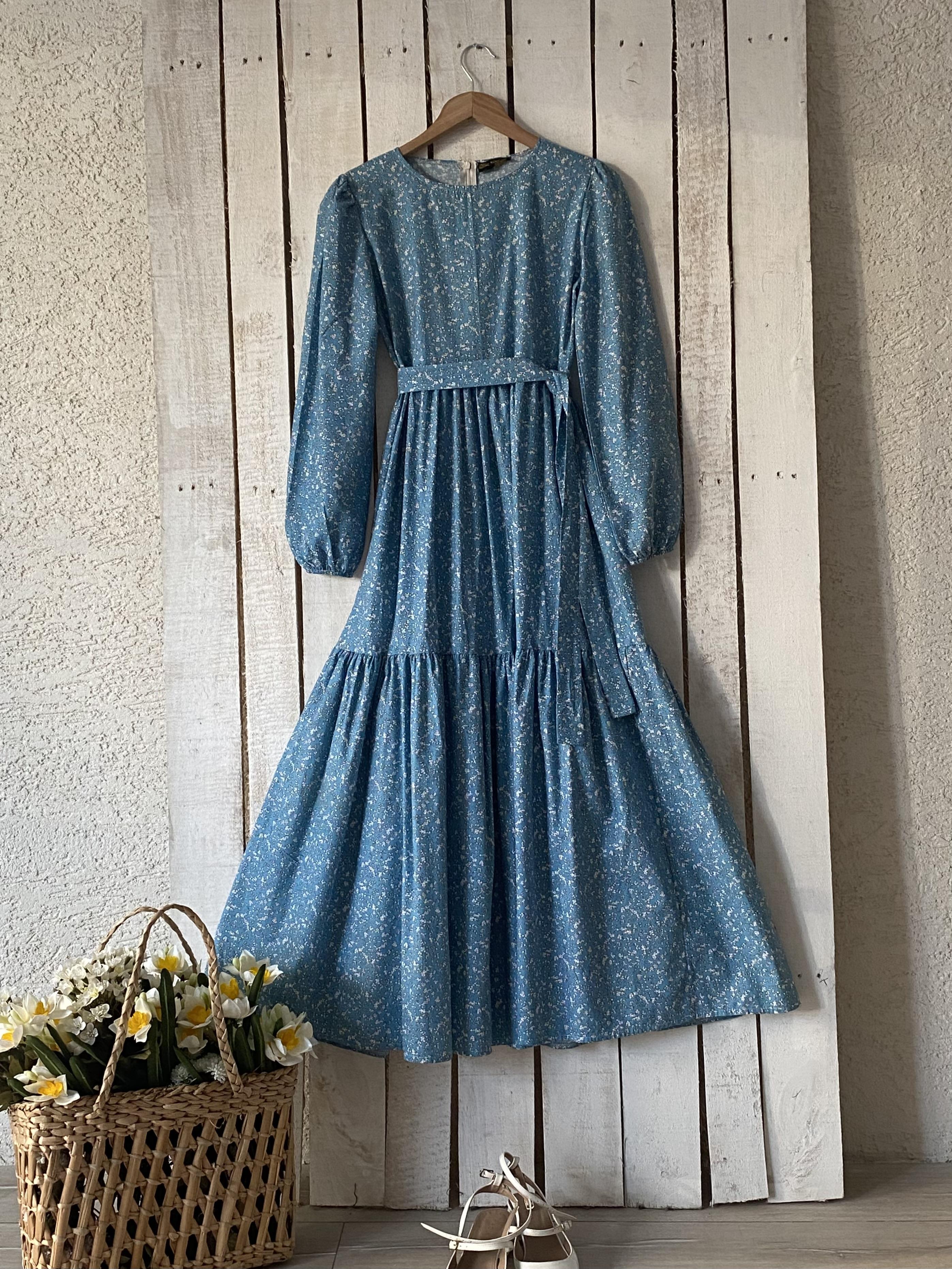 Tesettür Mavi Çıtır Poplin Kat-Kat Elbise