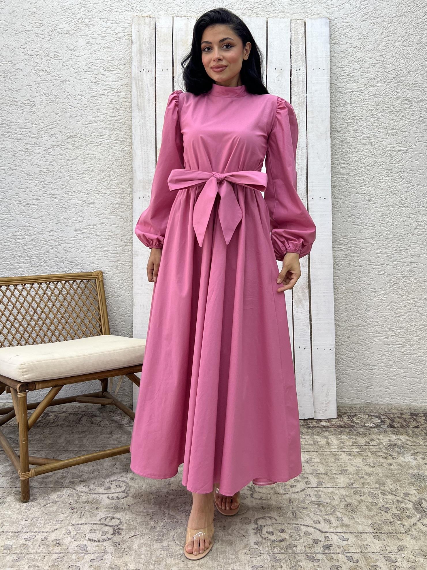 Tesettür Pembe Büyük Fiyonklu Poplin Kloş Elbise