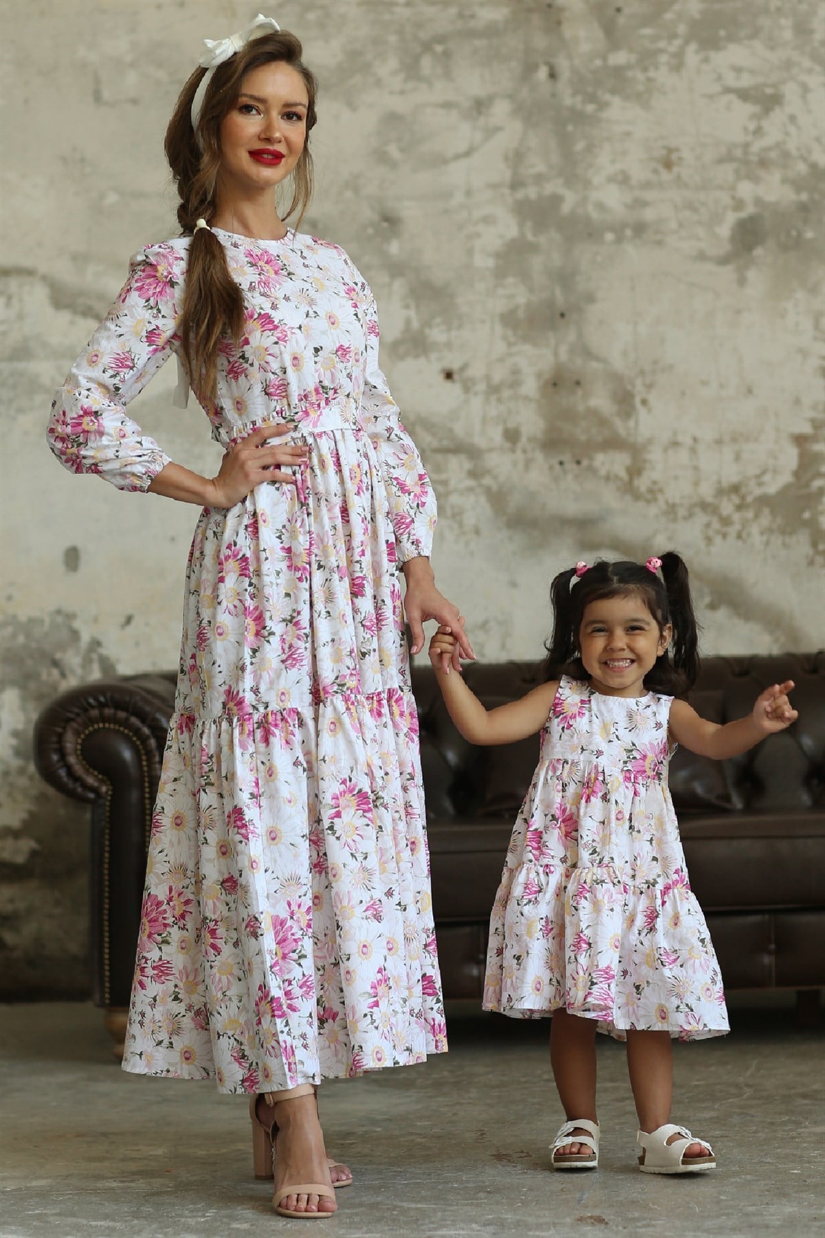 Tesettür Pembe Papatyalı Anne Kız Kombini