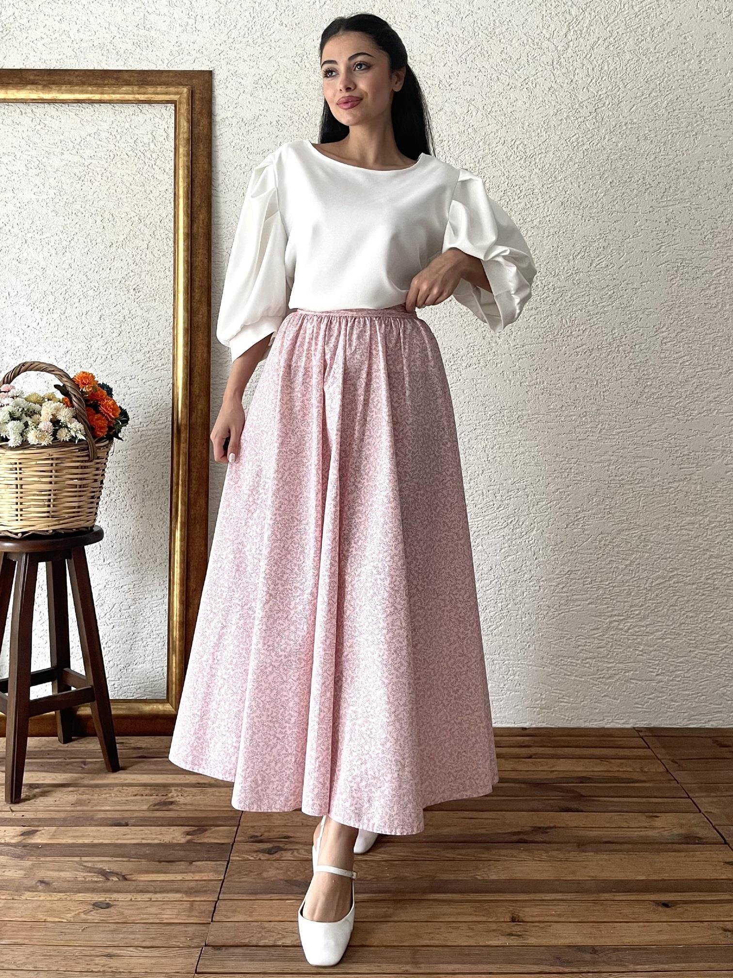 Toz Pembe Çıtır Poplin Kloş Etek