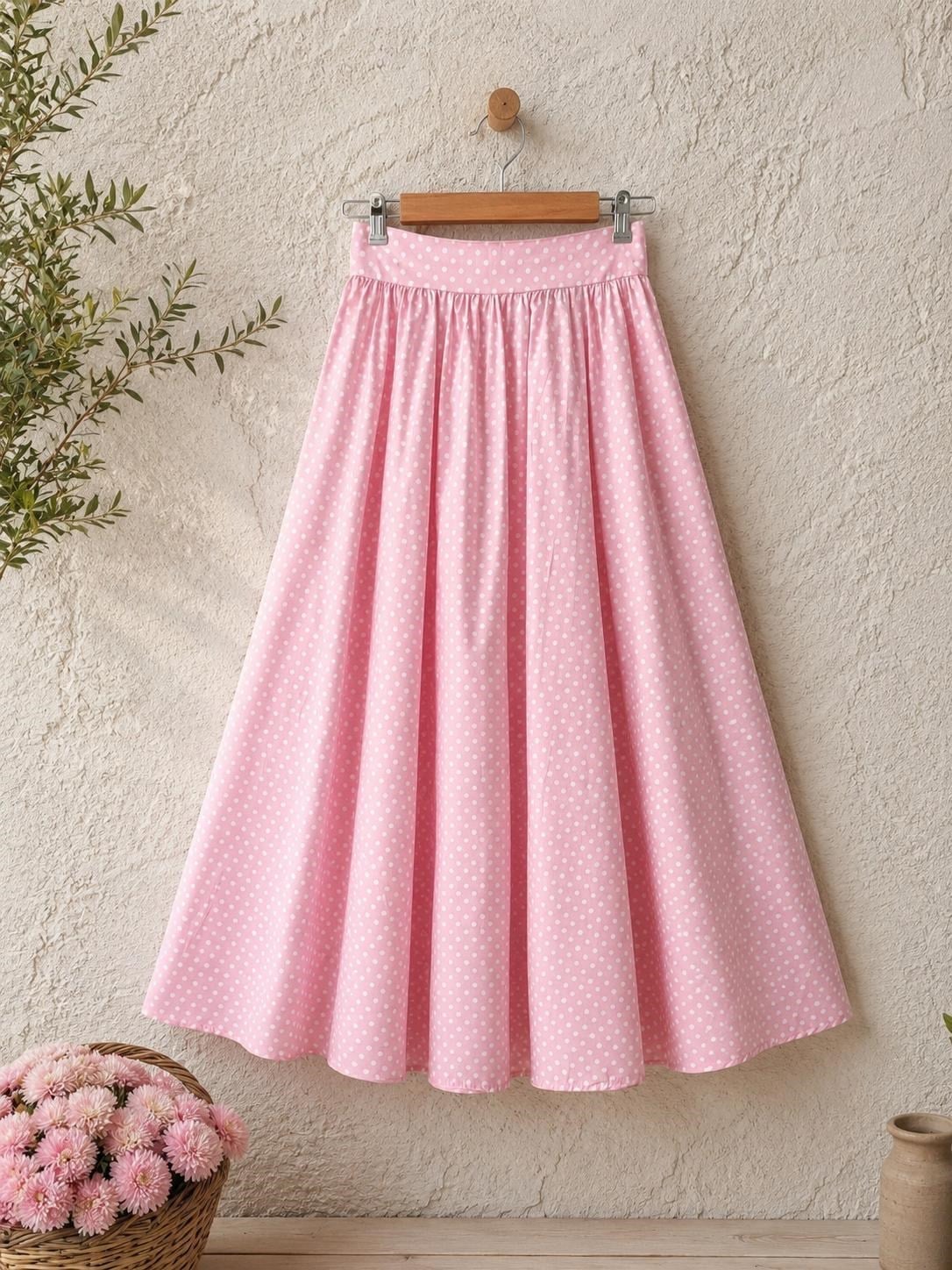 Toz Pembe Puantiyeli Poplin Kadın Etek