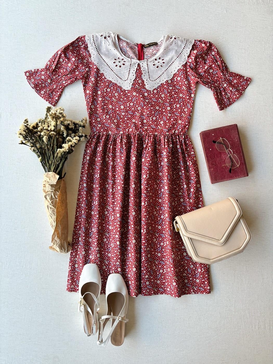 Vintage Fisto Yakalı Bordo Çiçekli Poplin Elbise
