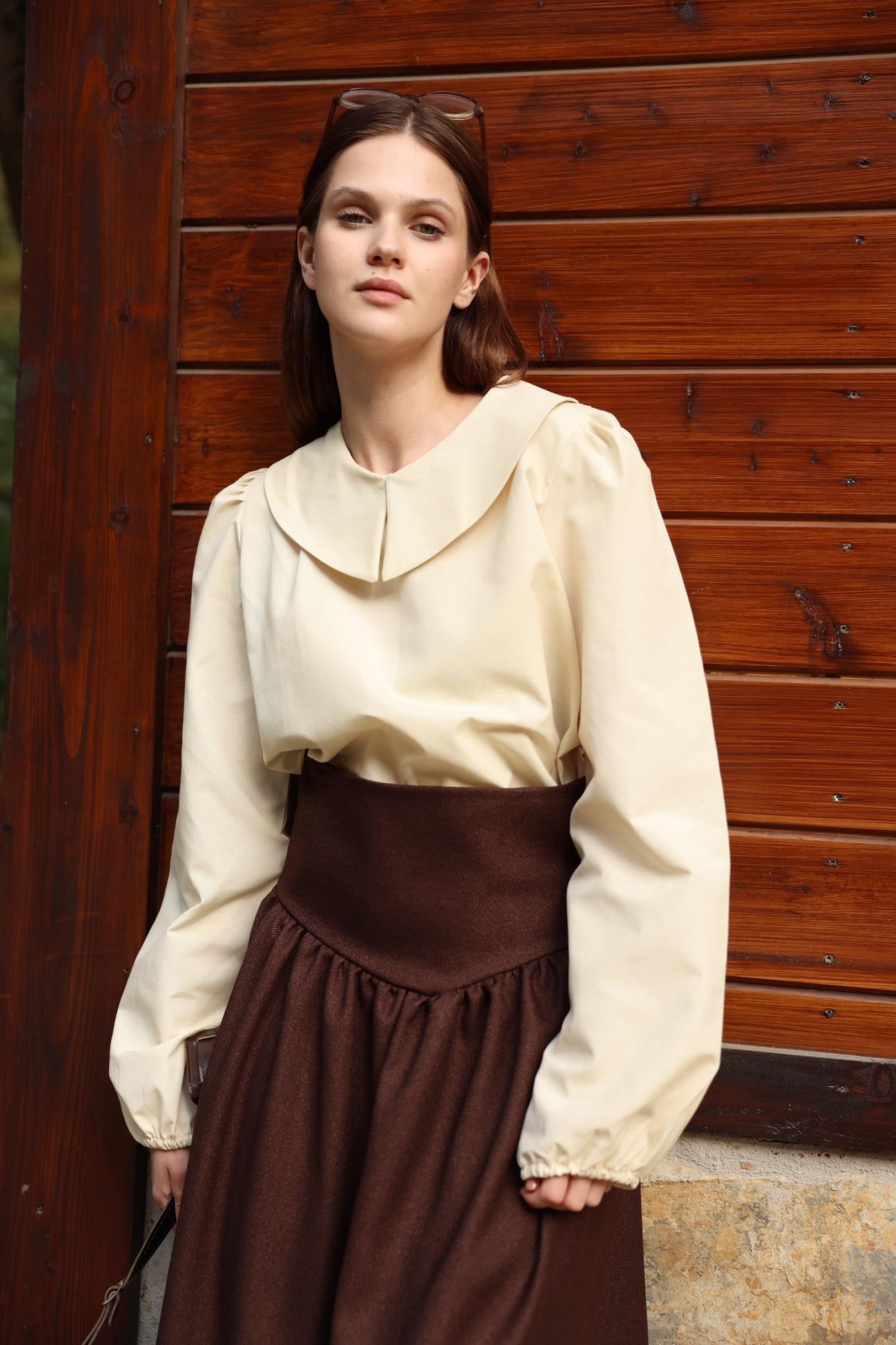 Vintage krem rengi poplin Bebe Yaka bluz