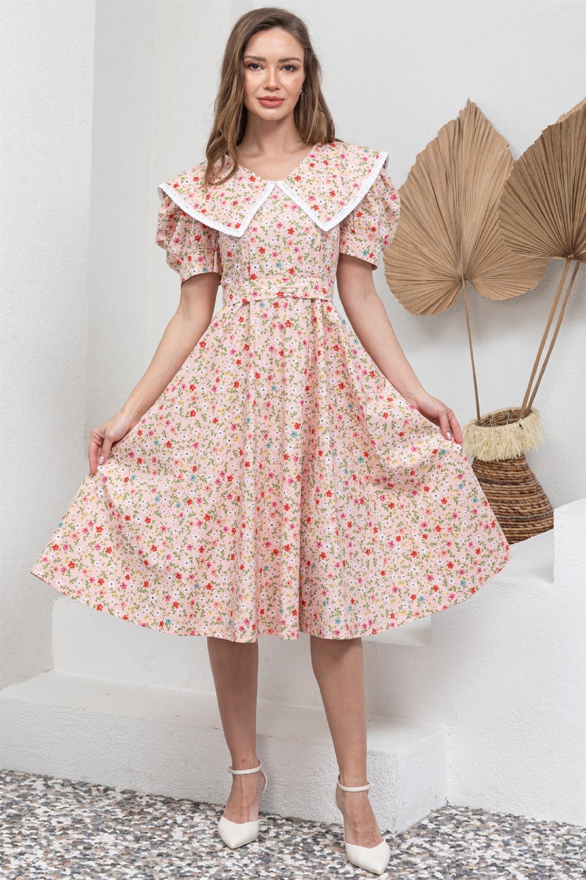 Vintage Pembe Çiçekli Yakalı Poplin Midi Boy Kloş Elbise