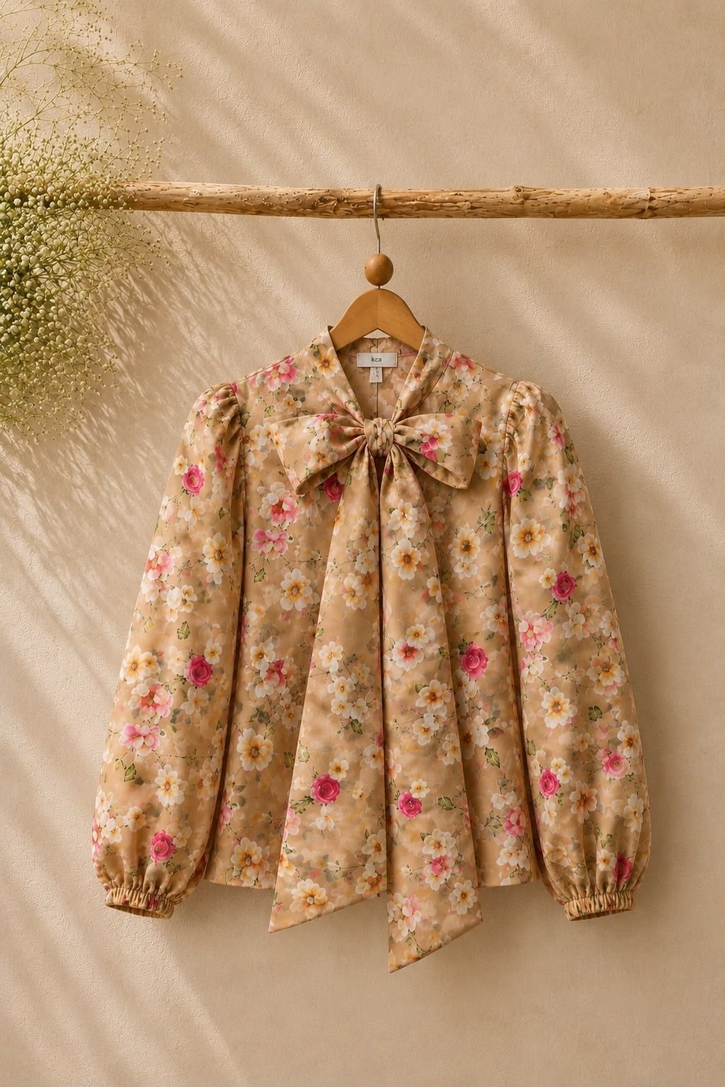 Vintage Pembe Pastel Desenli Fiyonklu Bluz