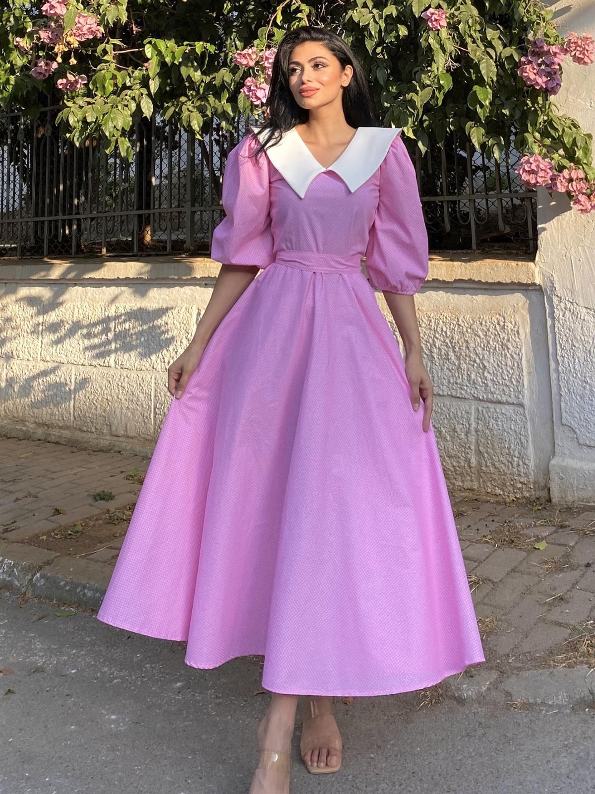Yakalı Pembe Puantiyeli Balon Kol Kloş Elbise
