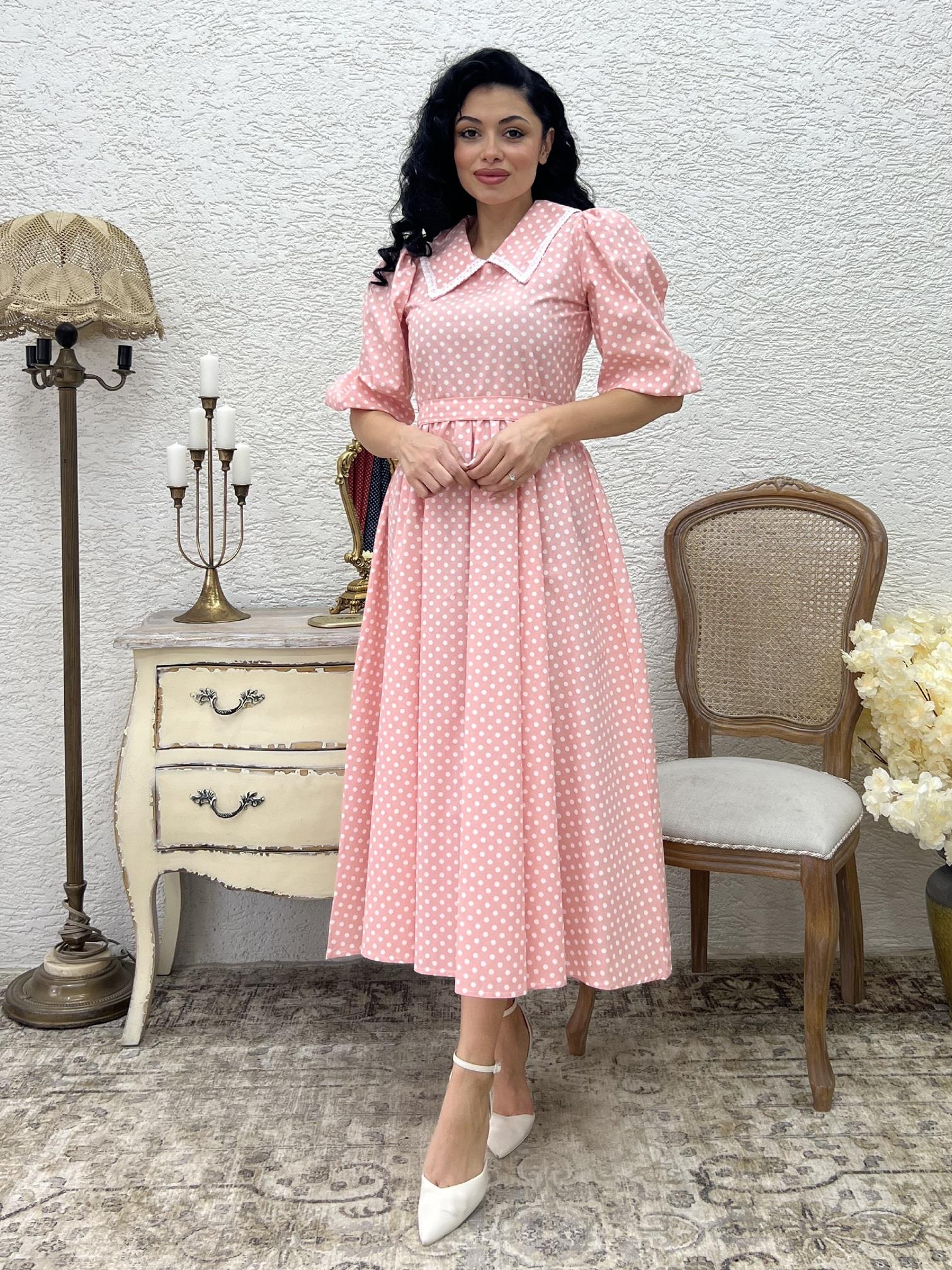 Yakalı Pembe Puantiyeli Beyaz Dantelli Kloş Elbise