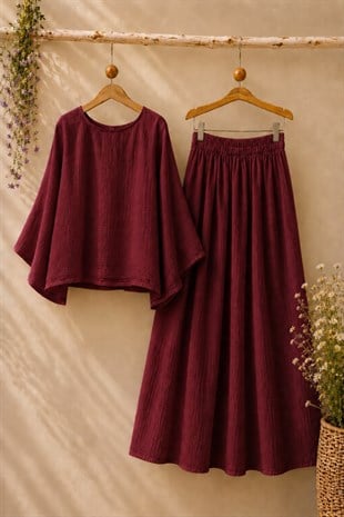 Bordo Müslin Salaş Bluz Ve Kloş Etek Takımı (2'Lİ TAKIM)