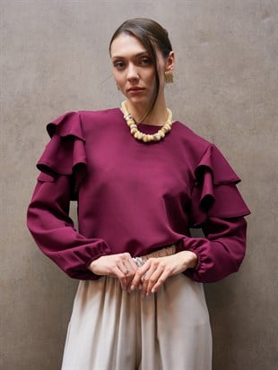 Bordo Volanlı Krep Bluz