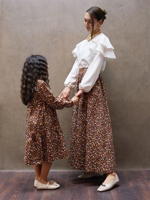 Kahve Çiçekli Etek ve Yakalı Uzun Kollu Kız Çocuk Elbise Anne-Kız Kombini 