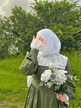 Pileli Haki Yeşil Poplin Uzun Kadın Elbise ve Seyyar Yaka (2 li Takım)