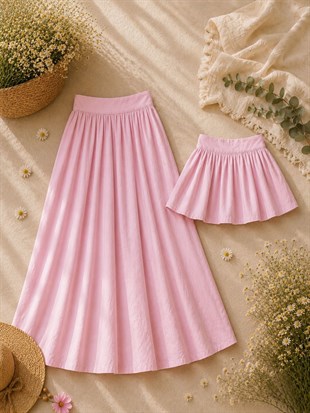 Toz Pembe Kloş Poplin Balon Anne-Kız Etek Kombini