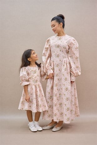 Vintage Pembe Çiçekli Anne-Kız Elbise Kombini