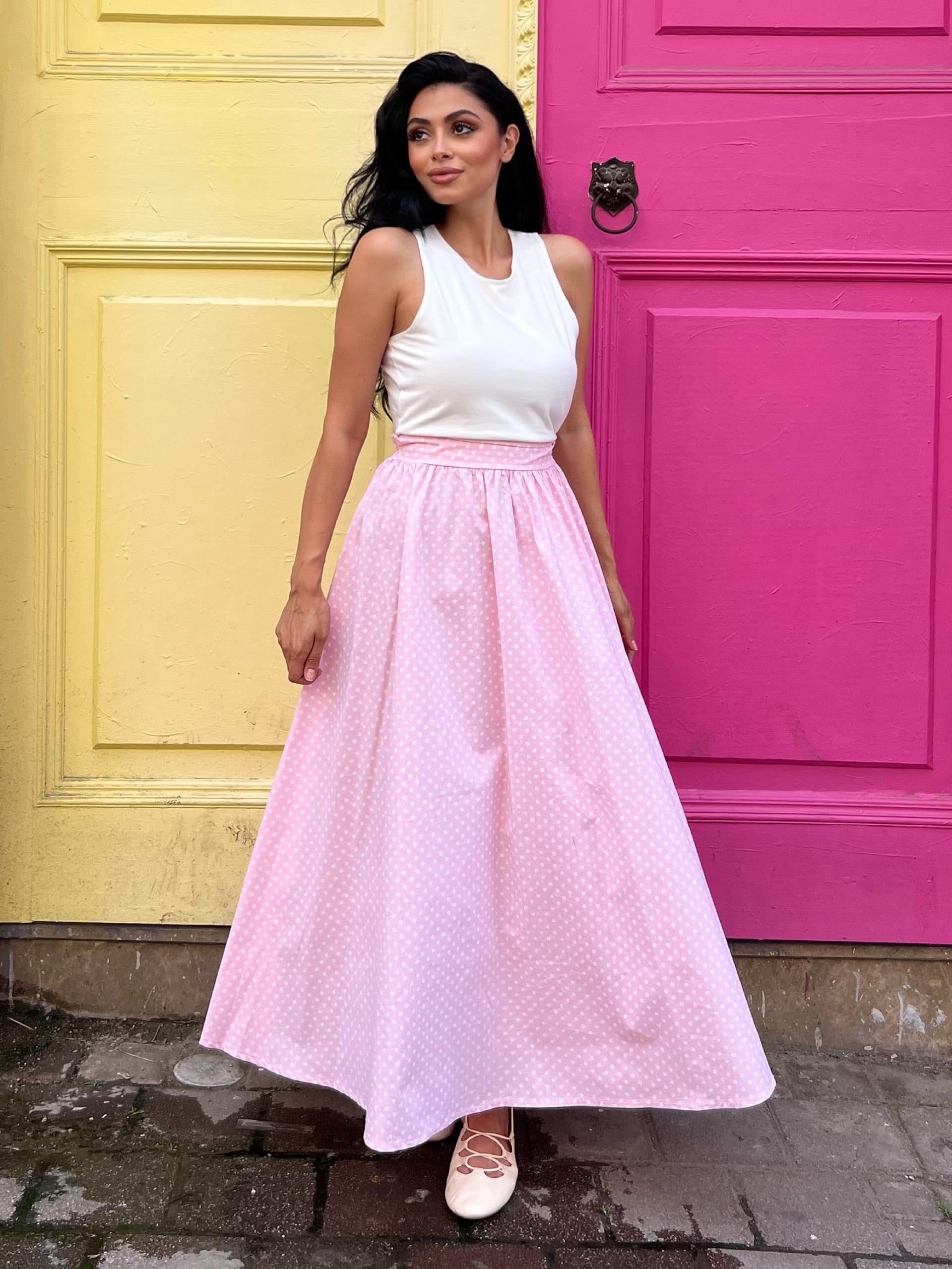  Puantiyeli Pembe Kloş Poplin Etek