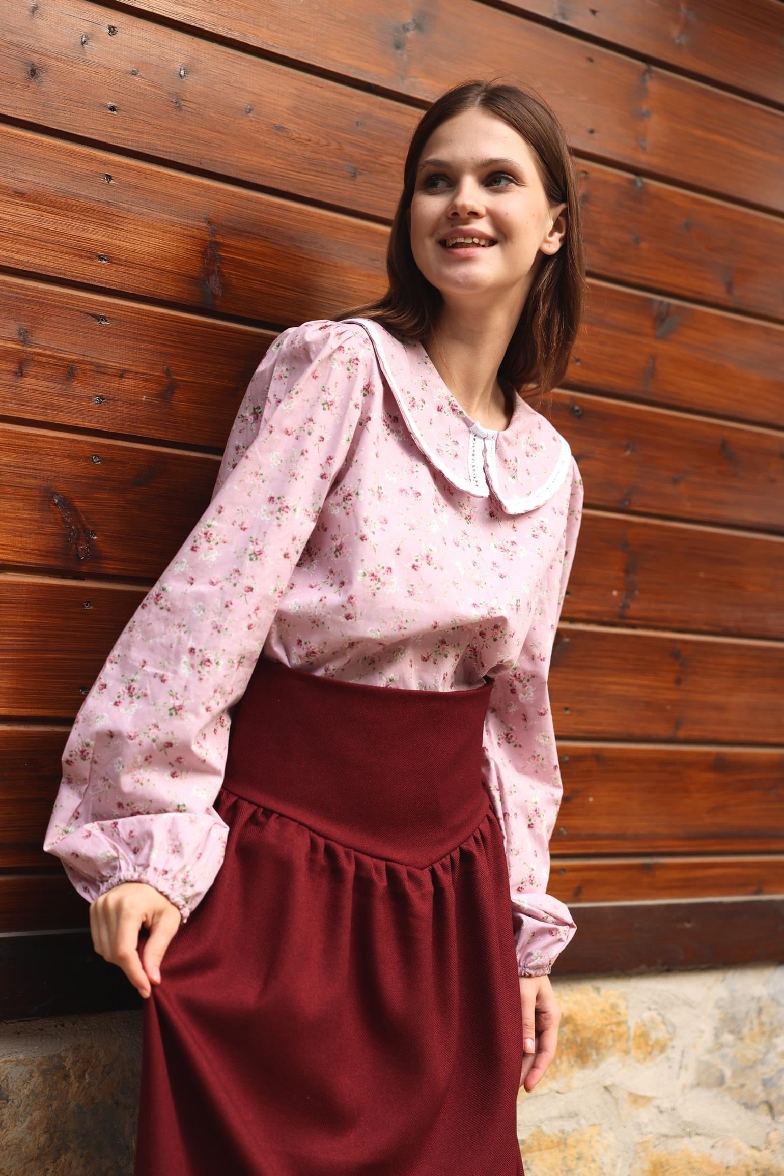  Vintage Pembe-Bordo Çiçekli Bebe Yaka Poplin Bluz