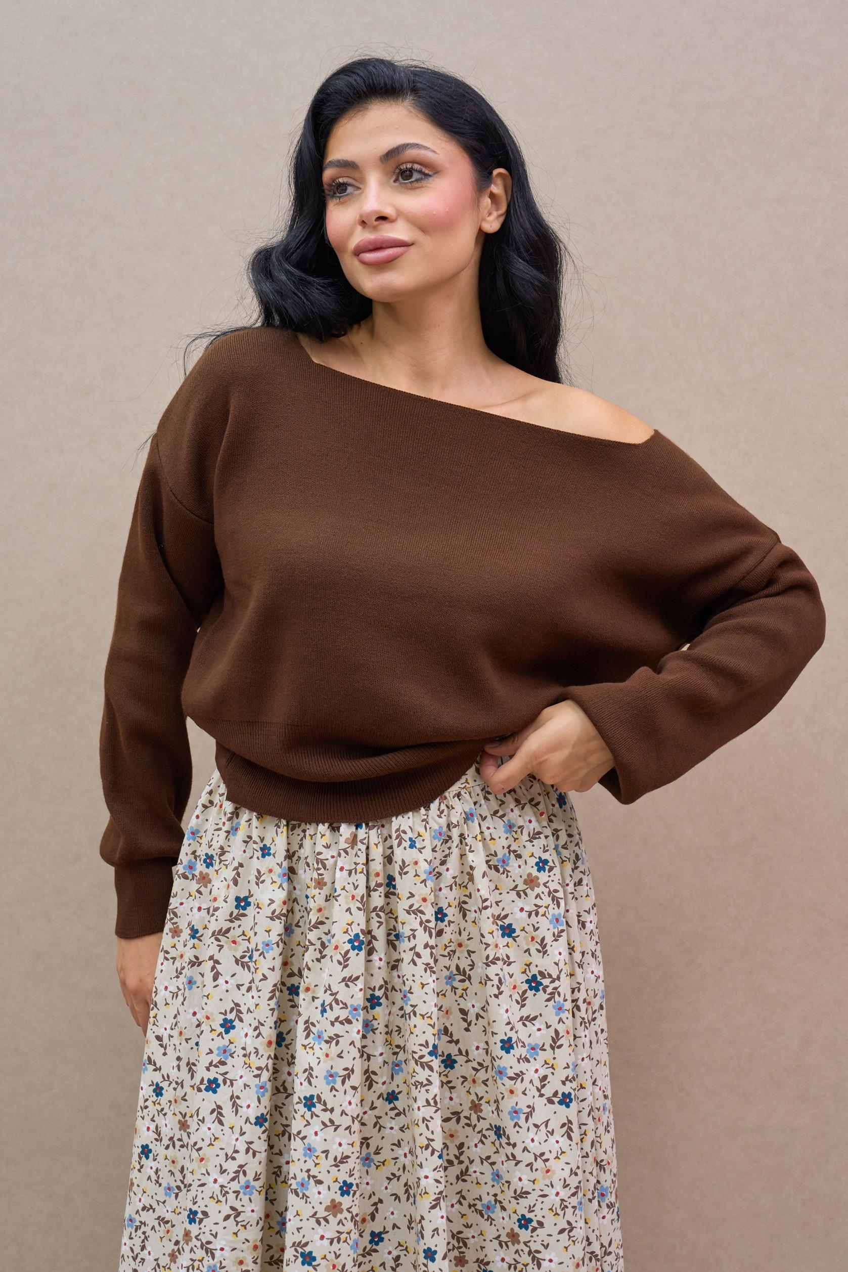 Acı Kahve Kayık Yaka Triko Oversize Kazak
