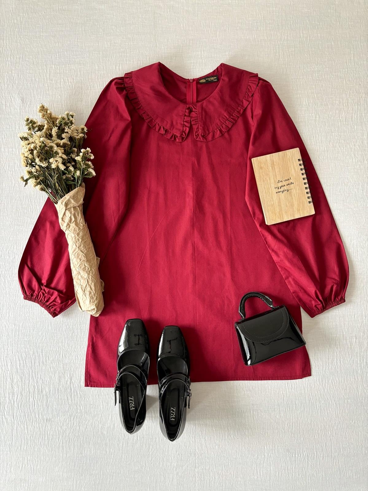 Bordo bebe yaka fırfırlı tunik