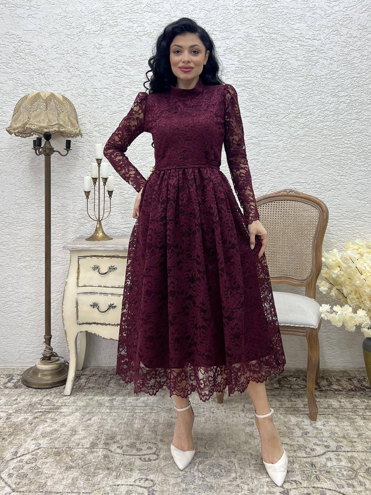Bordo Boğazlı Dantel Elbise