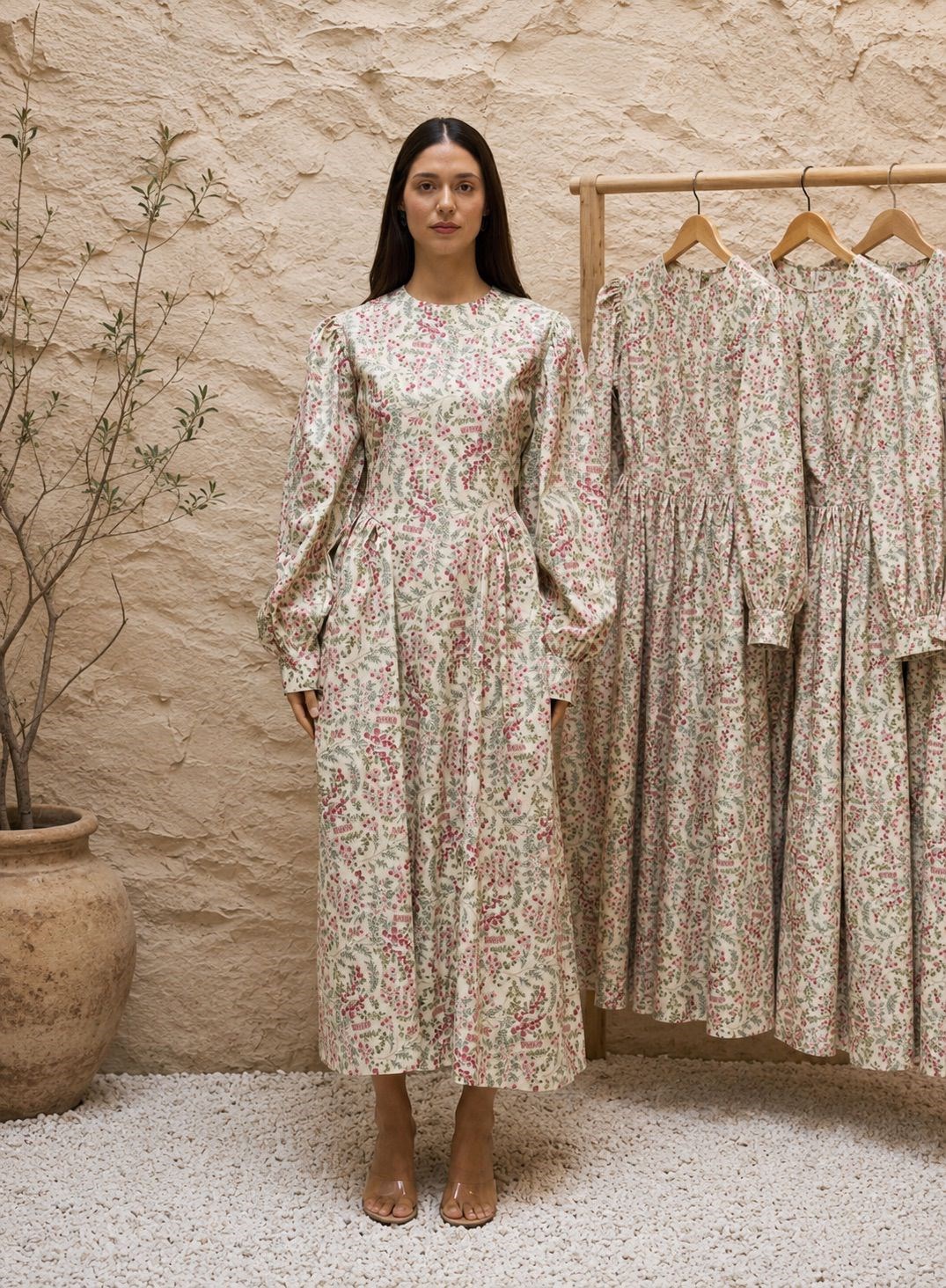 Bordo Çiçeklii Vintage Pileli Poplin Uzun Elbise