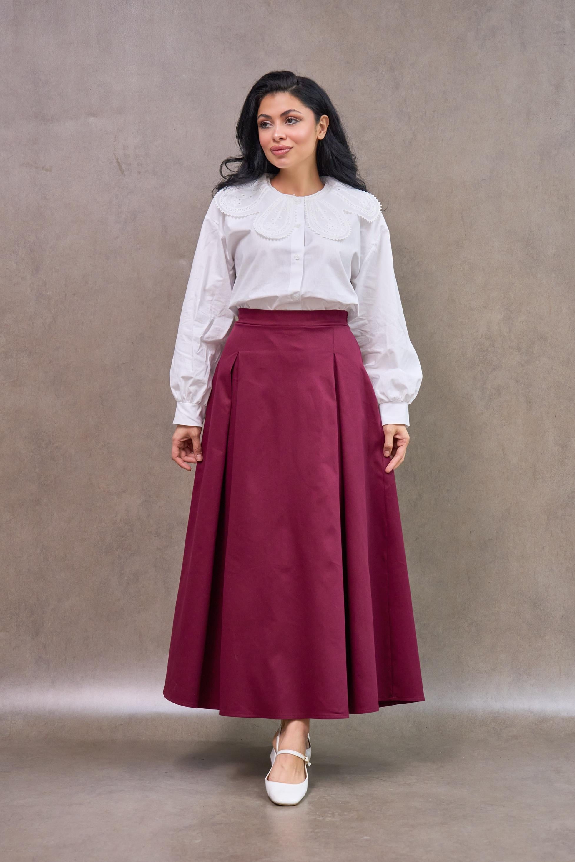 Bordo Çift Pileli Gabardin Etek