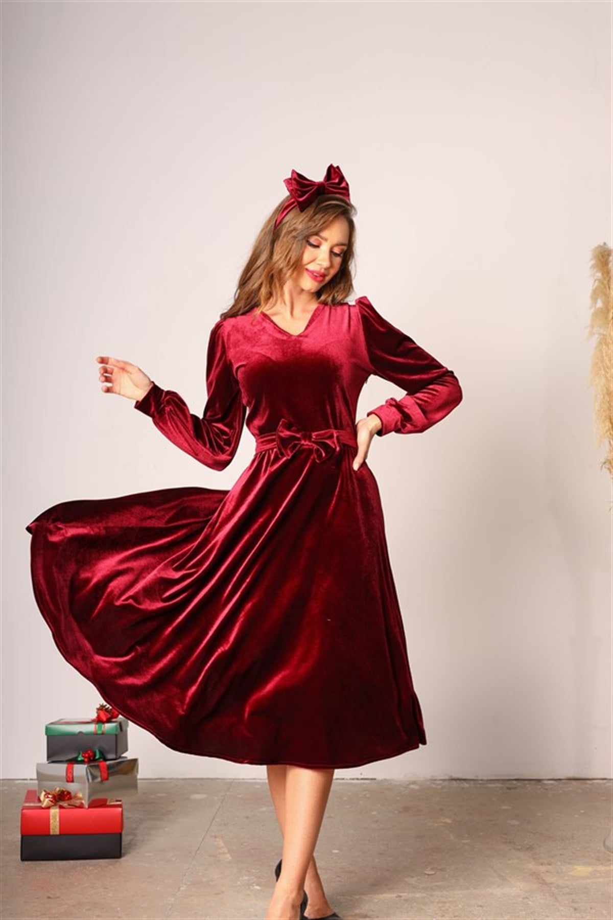 Bordo Kadife Kloş Elbise
