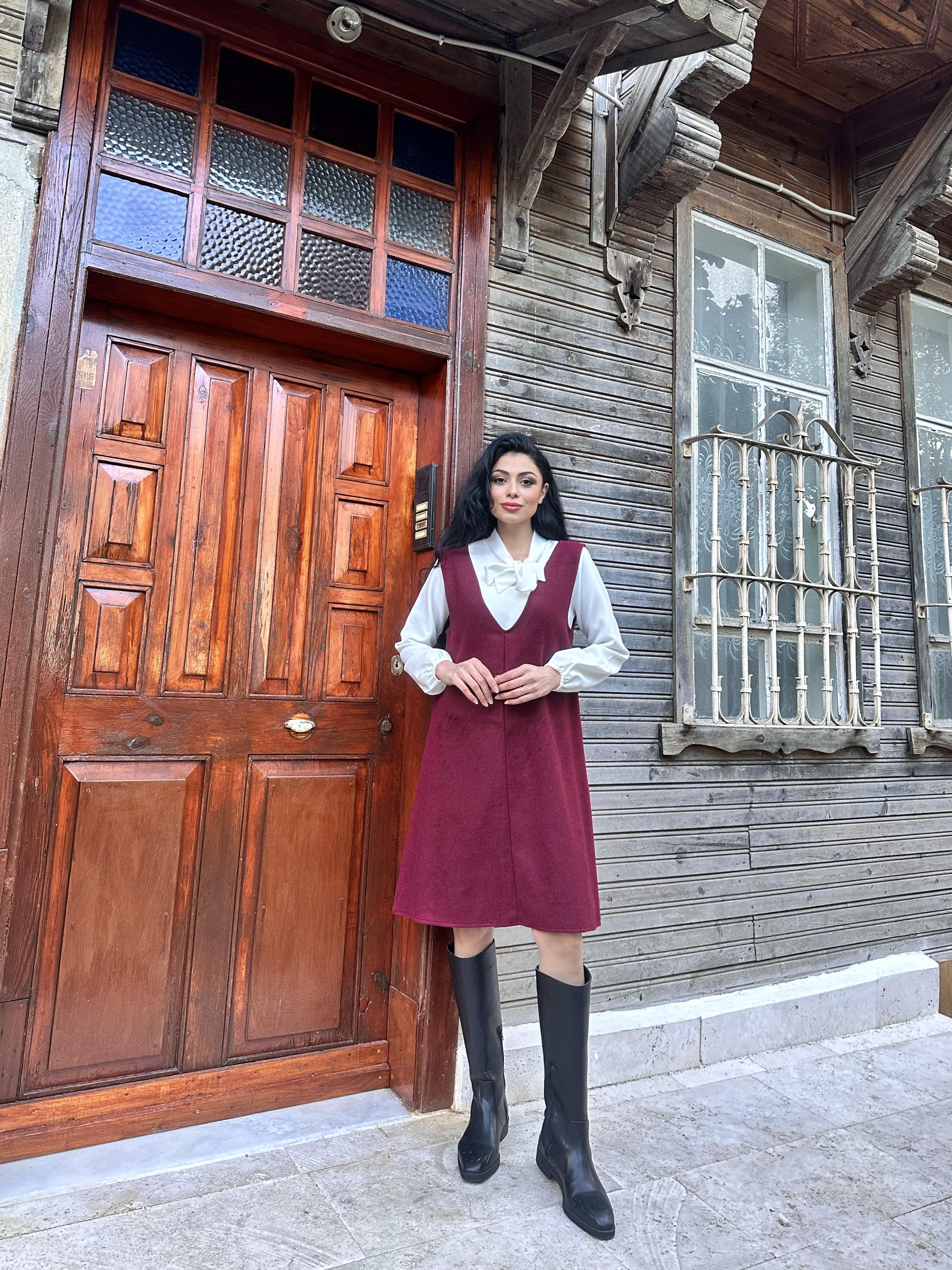 Bordo Kaşe Kısa Jile Elbise
