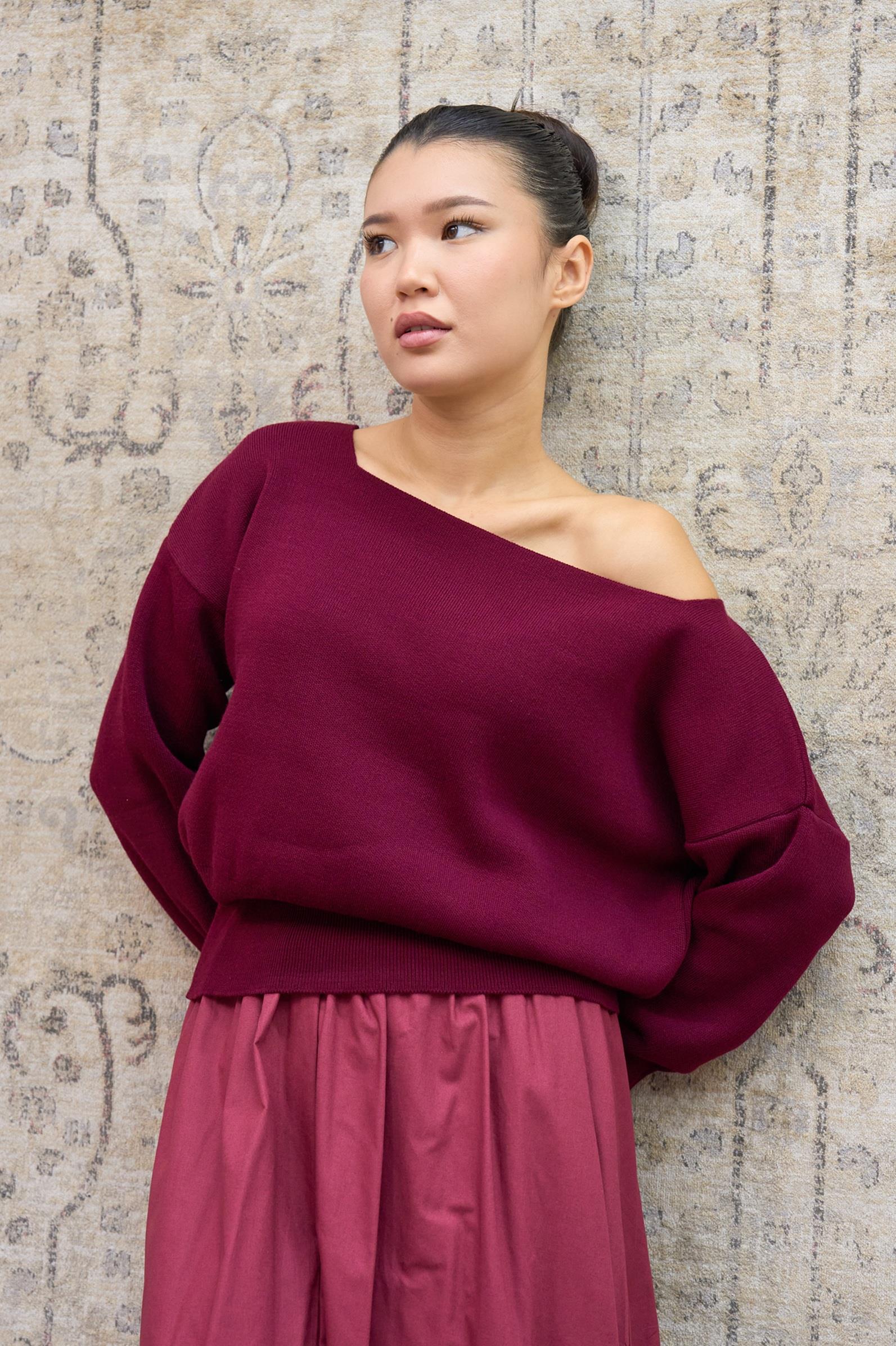 Bordo Kayık Yaka Triko Oversize Kazak