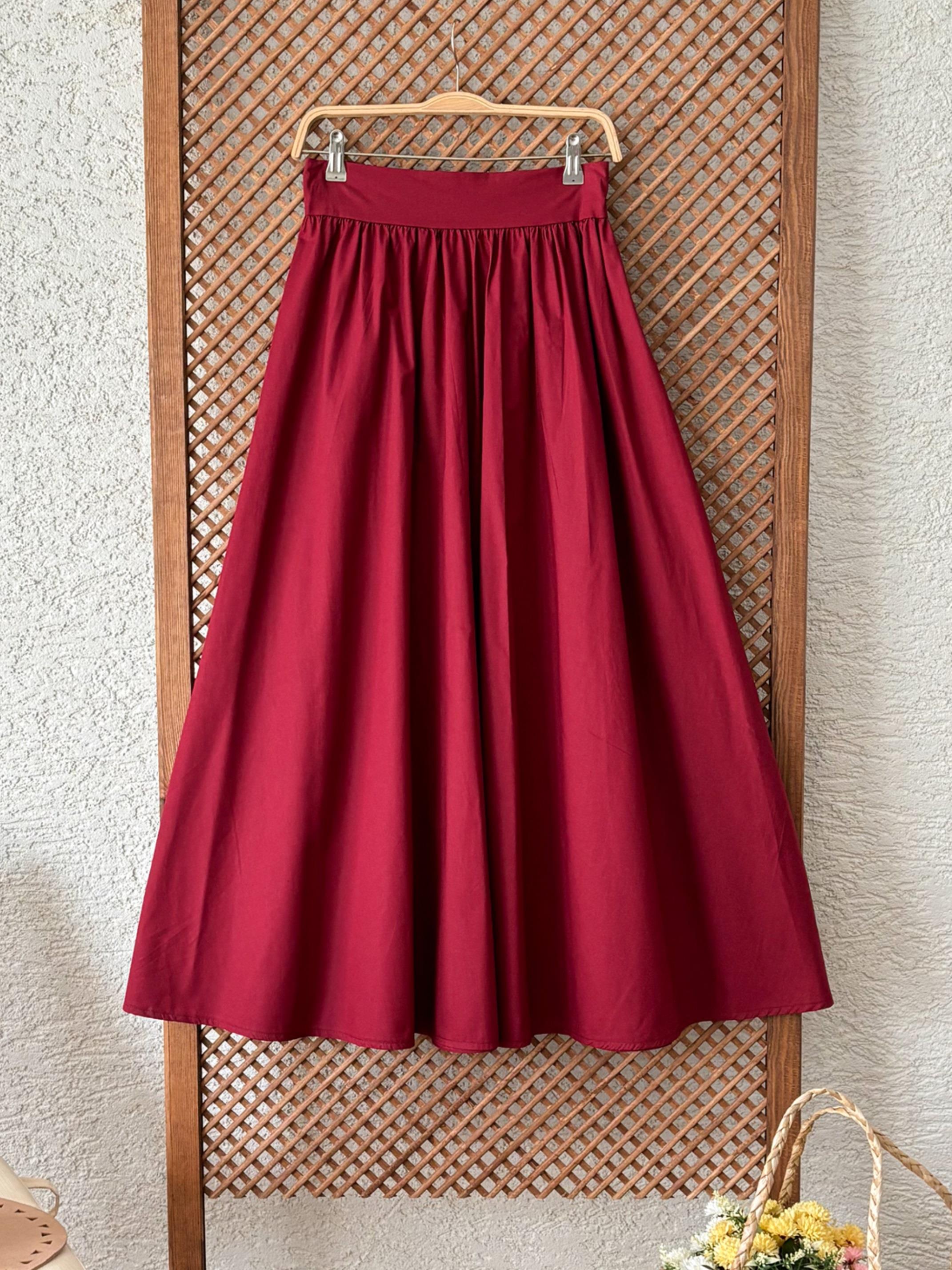 Bordo Kloş Büzgülü Poplin Etek