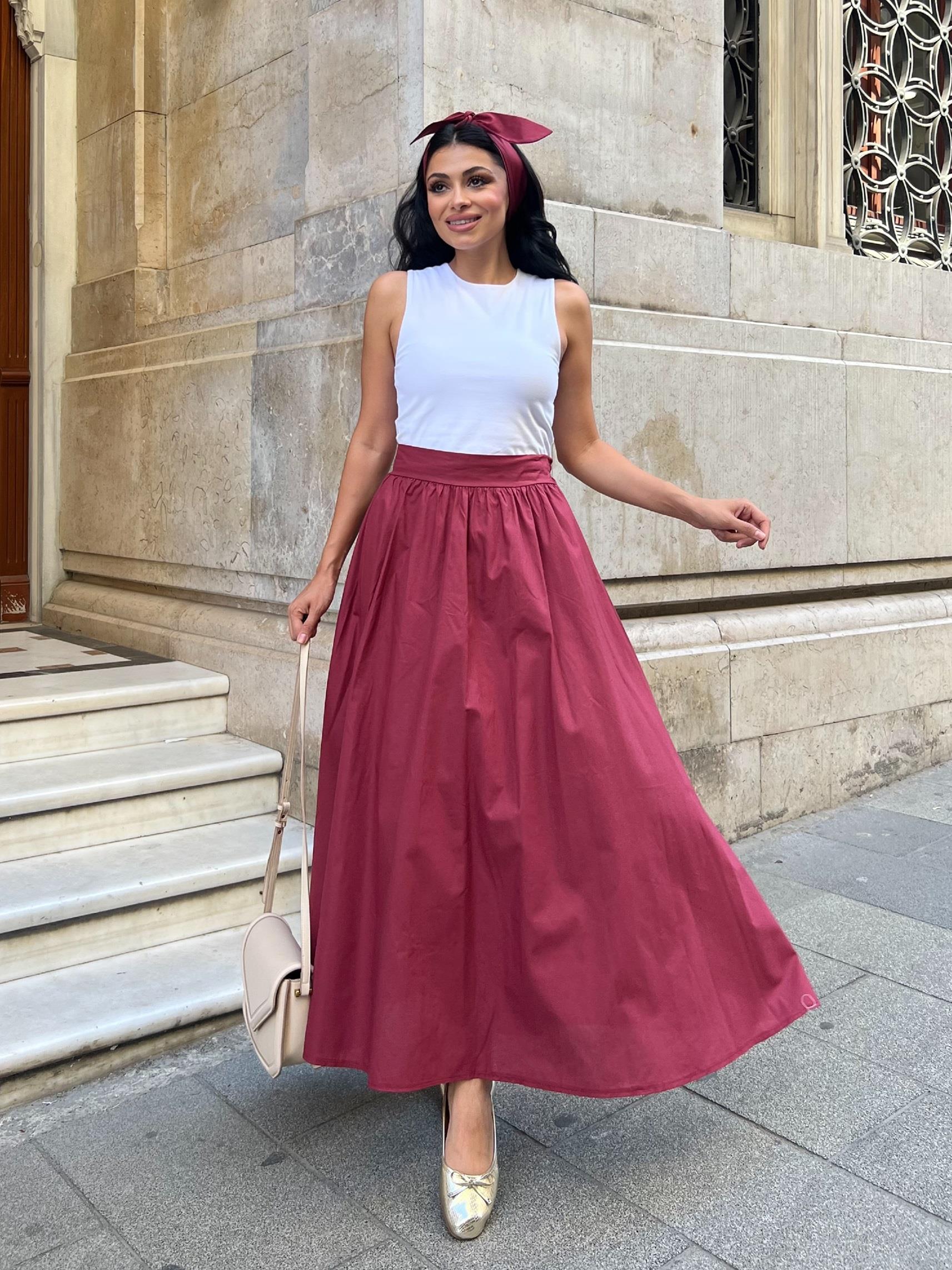 Bordo Kloş Poplin Etek