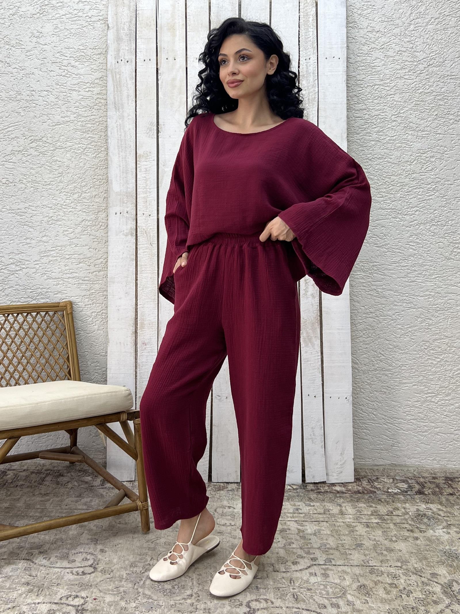 Bordo Müslin Pantolon ve Bluz İkili Takım