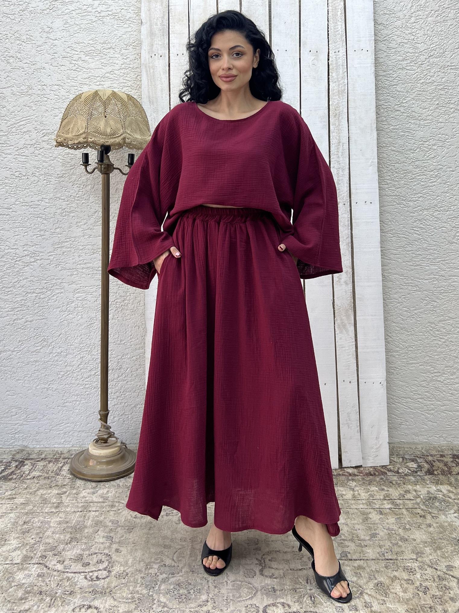 Bordo Müslin Salaş Bluz Ve Kloş Etek Takımı (2'Lİ TAKIM)