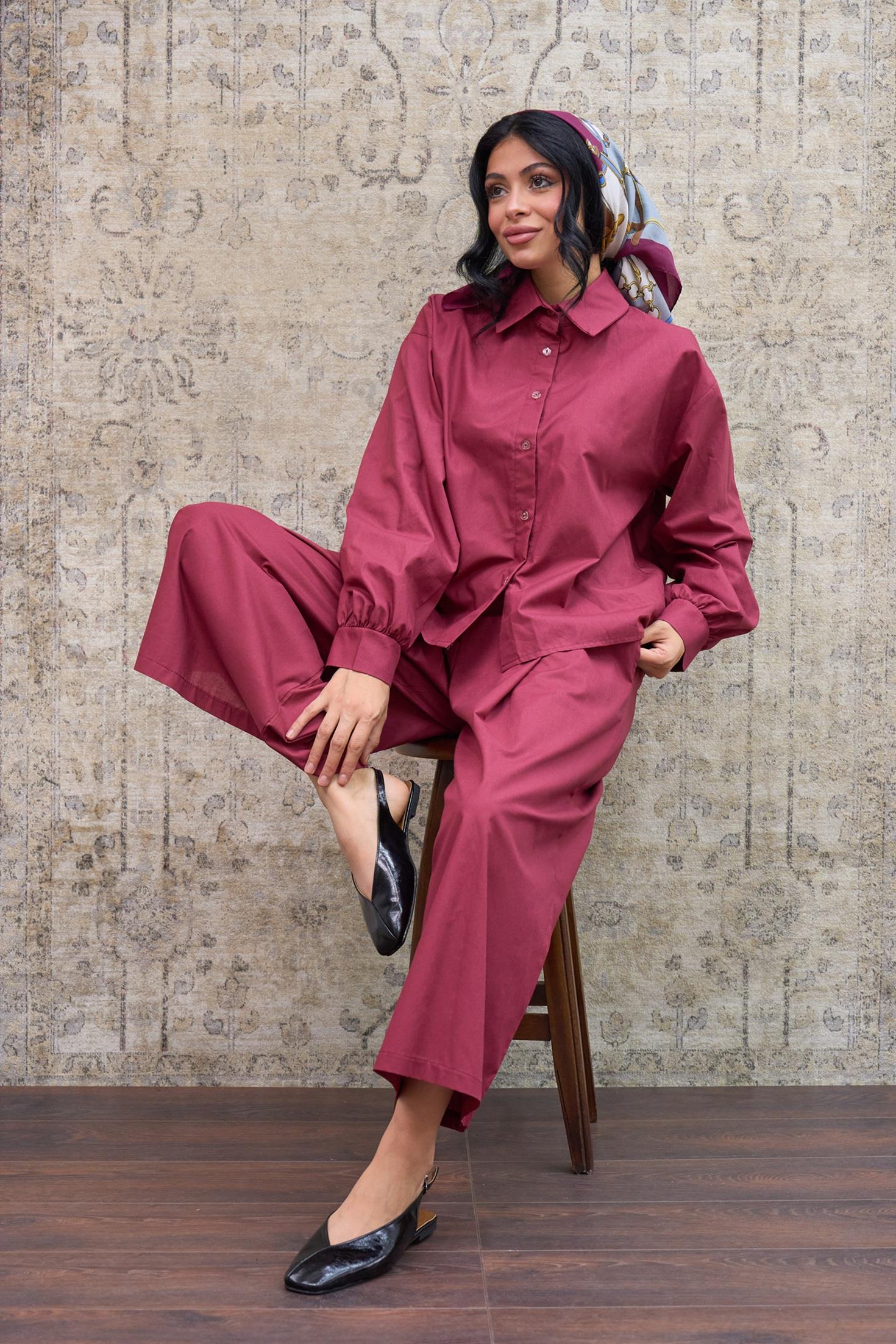 Bordo Poplin Gömlek ve Pileli Poplin Pantolon İkili Takım