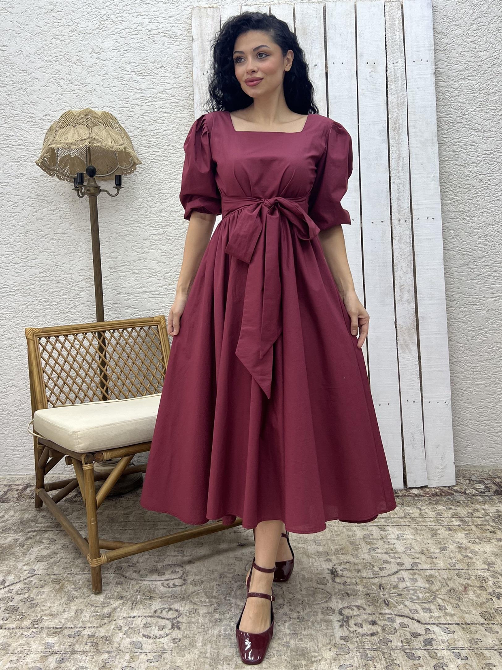 Bordo Uzun Fiyonklu Kloş Poplin Elbise
