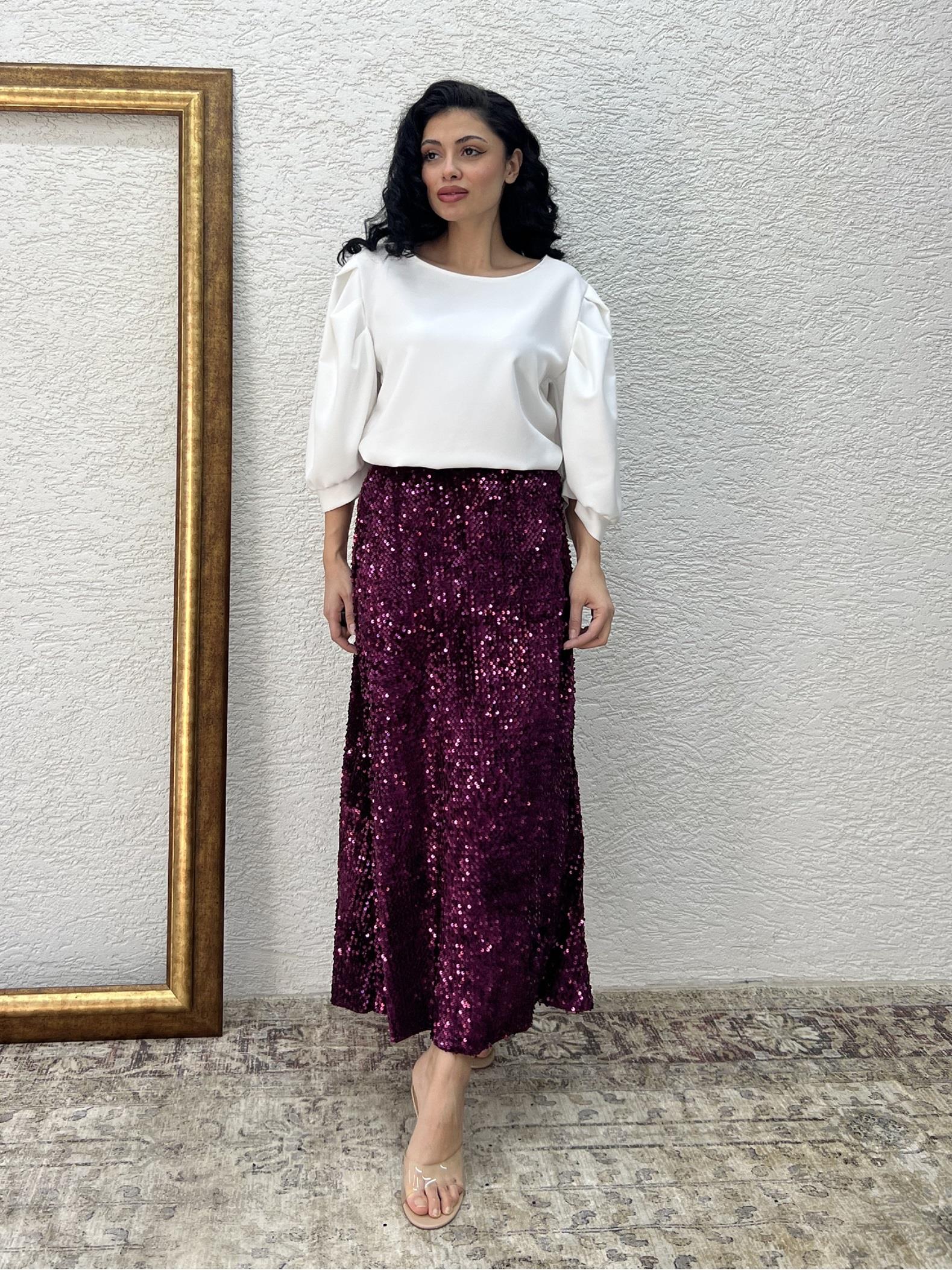 Bordo Uzun Payet Etek
