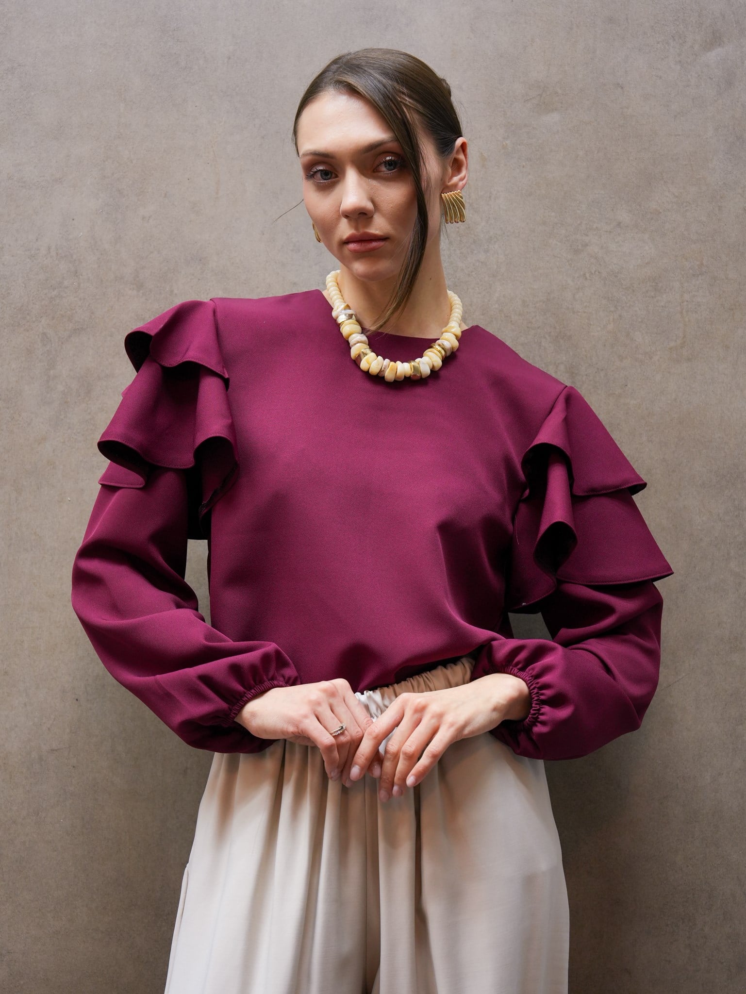 Bordo Volanlı Krep Bluz