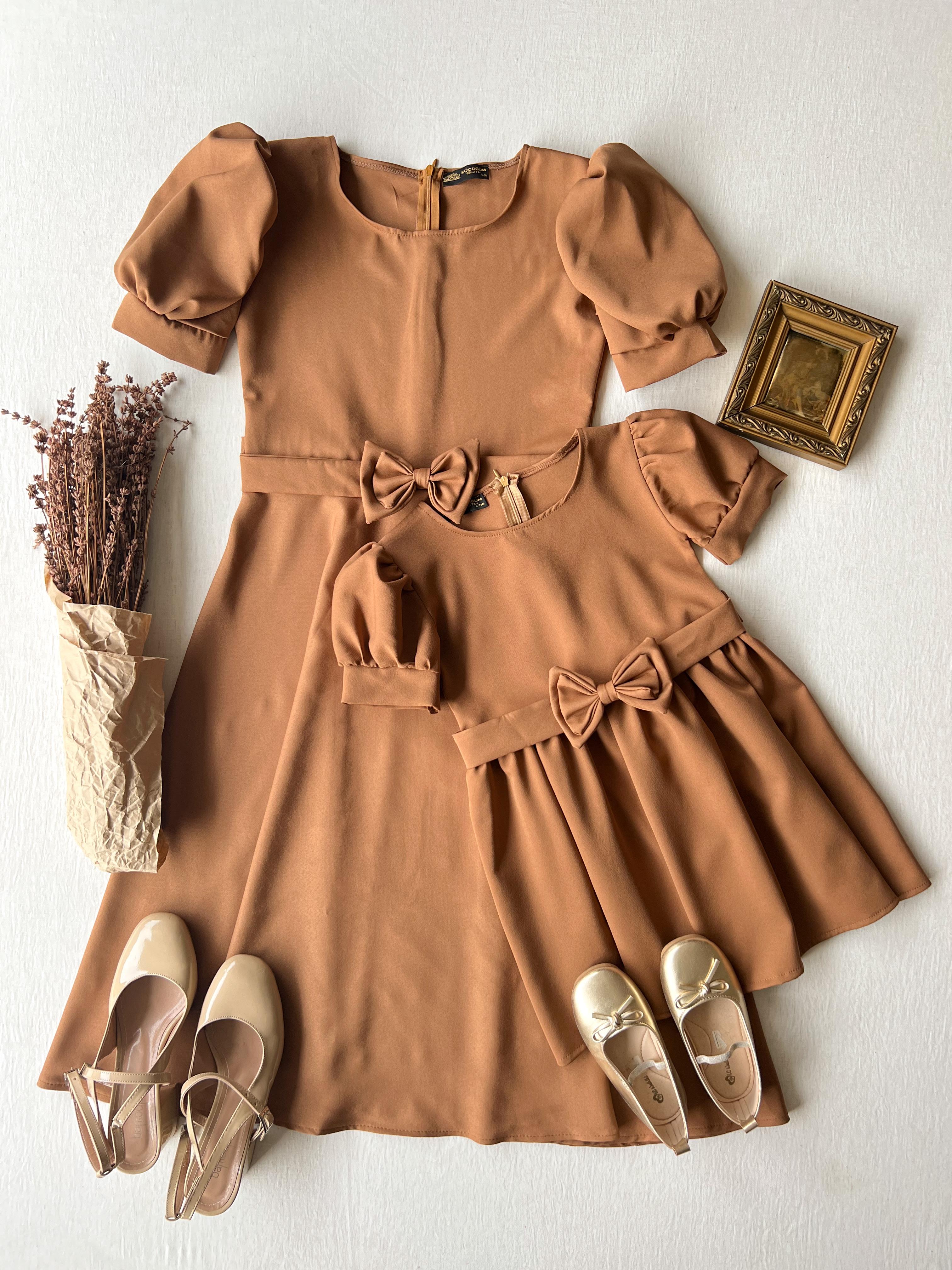 Camel Krep Karpuz Kol Kloş Anne-Kız Kombin