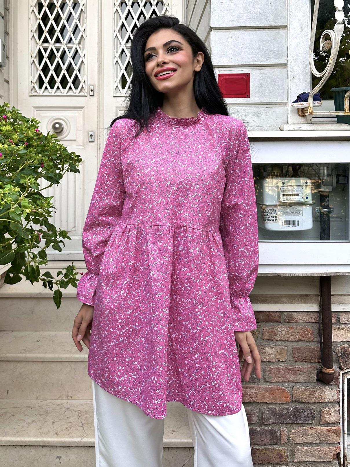 Fırfır Yakalı Pembe Poplin Tunik