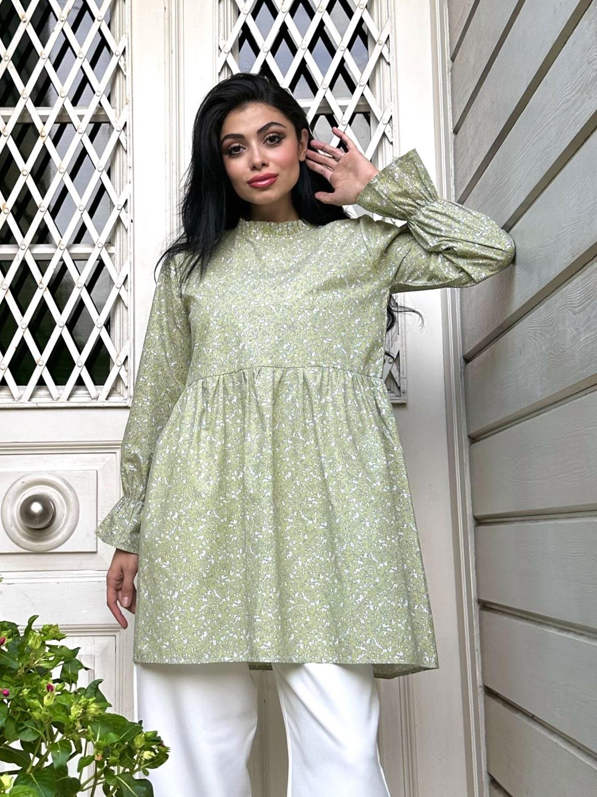 Fırfır Yakalı Yeşil Poplin Tunik