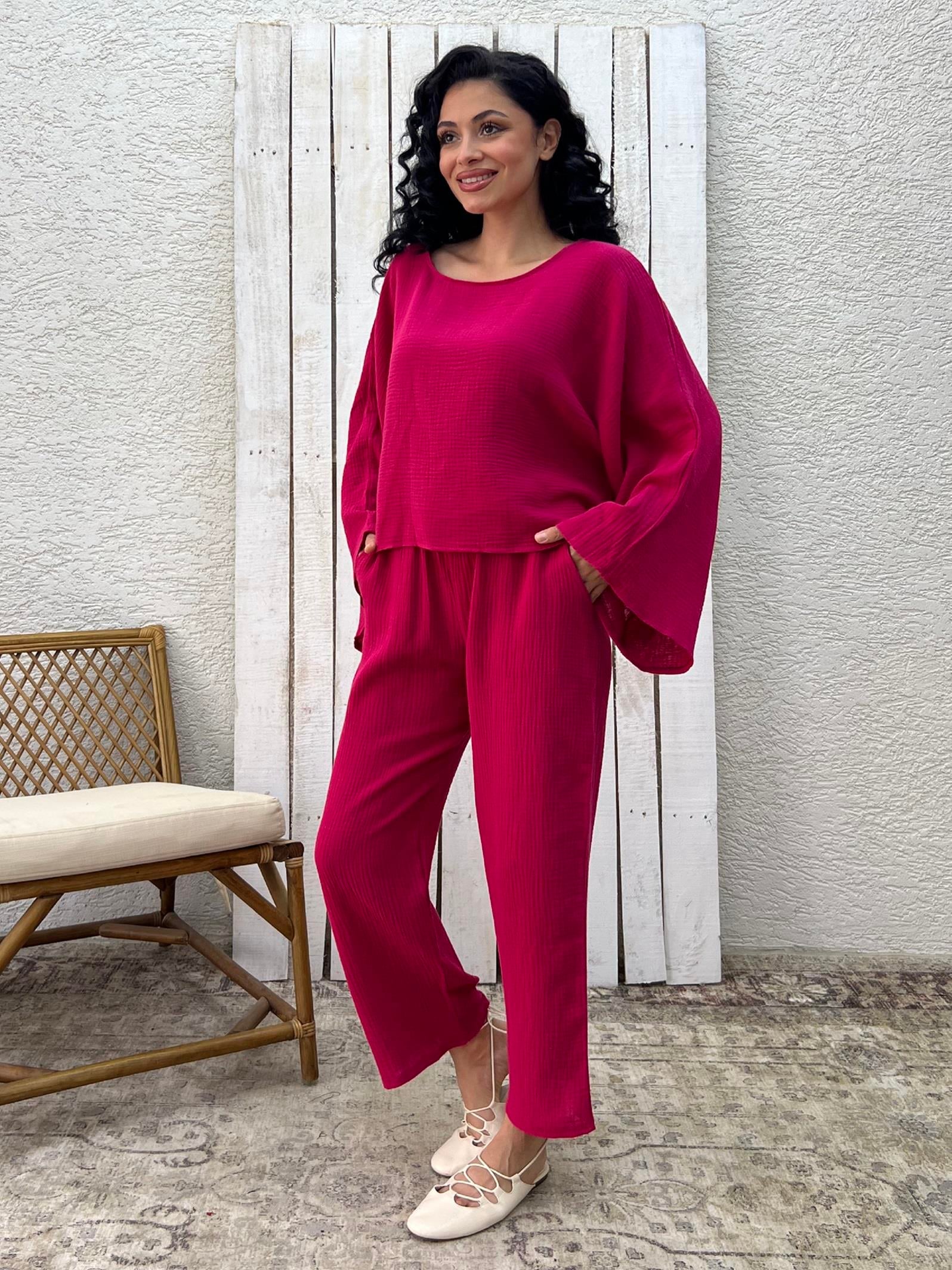 Fuşya Müslin Pantolon ve Bluz İkili Takım