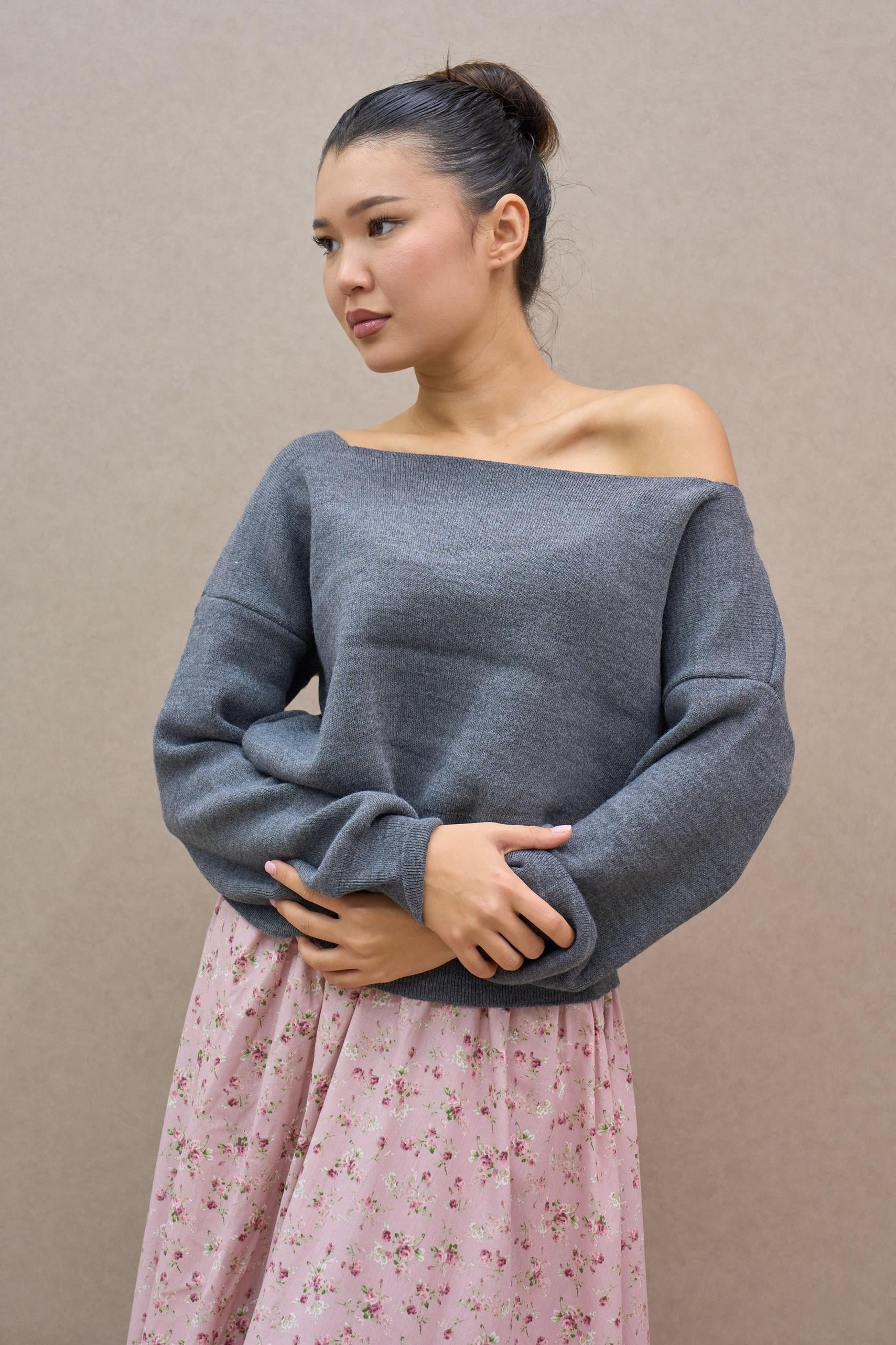 Gri Kayık Yaka Triko Oversize Kazak