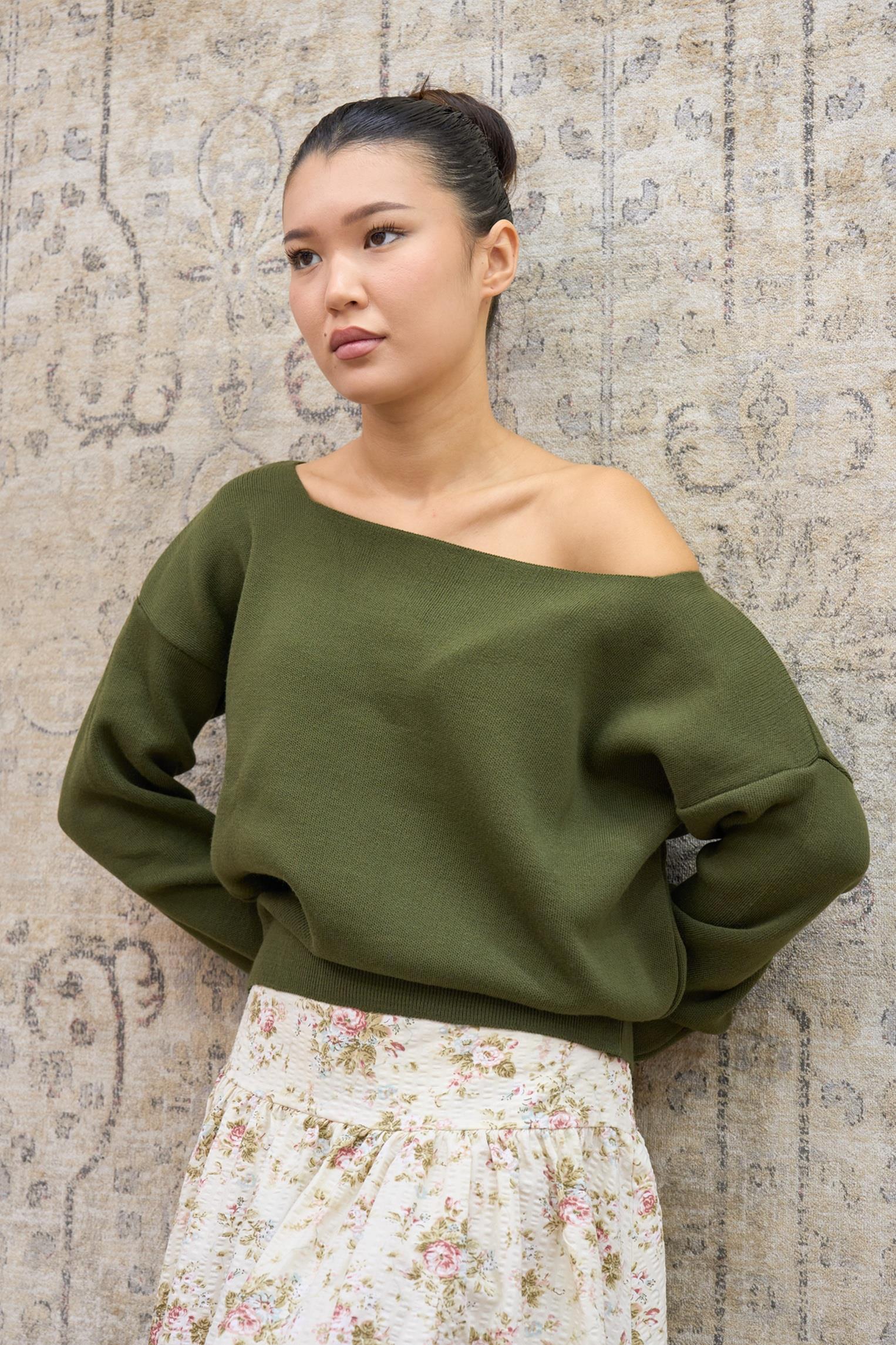 Haki Yeşil Kayık Yaka Triko Oversize Kazak